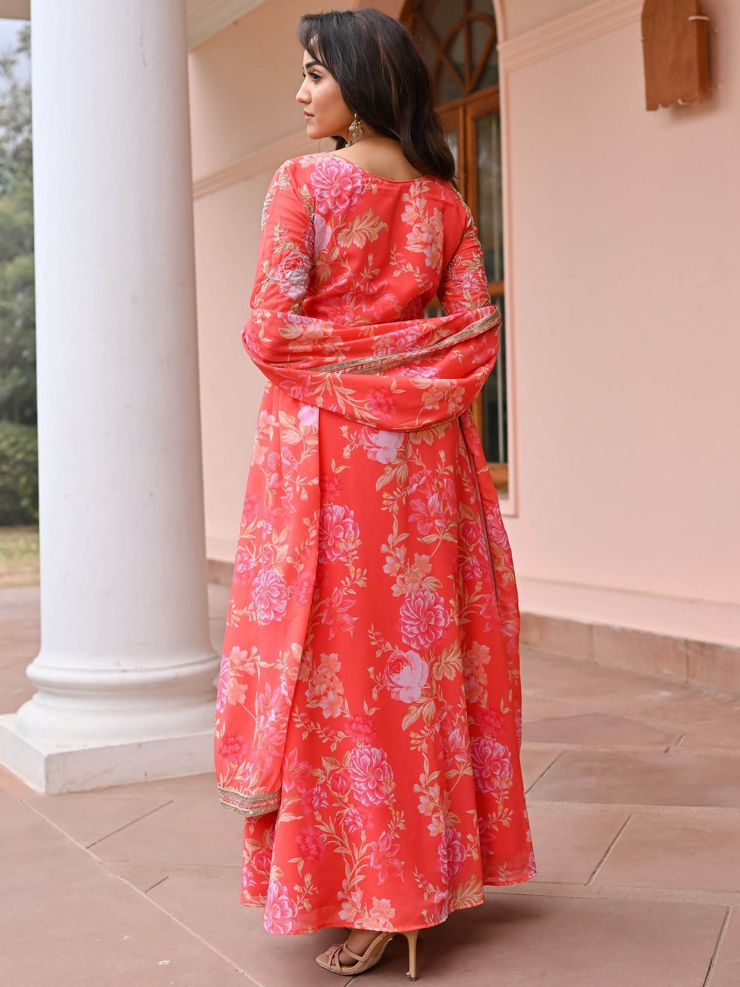 Orange Hand work Printed Anarkali Set