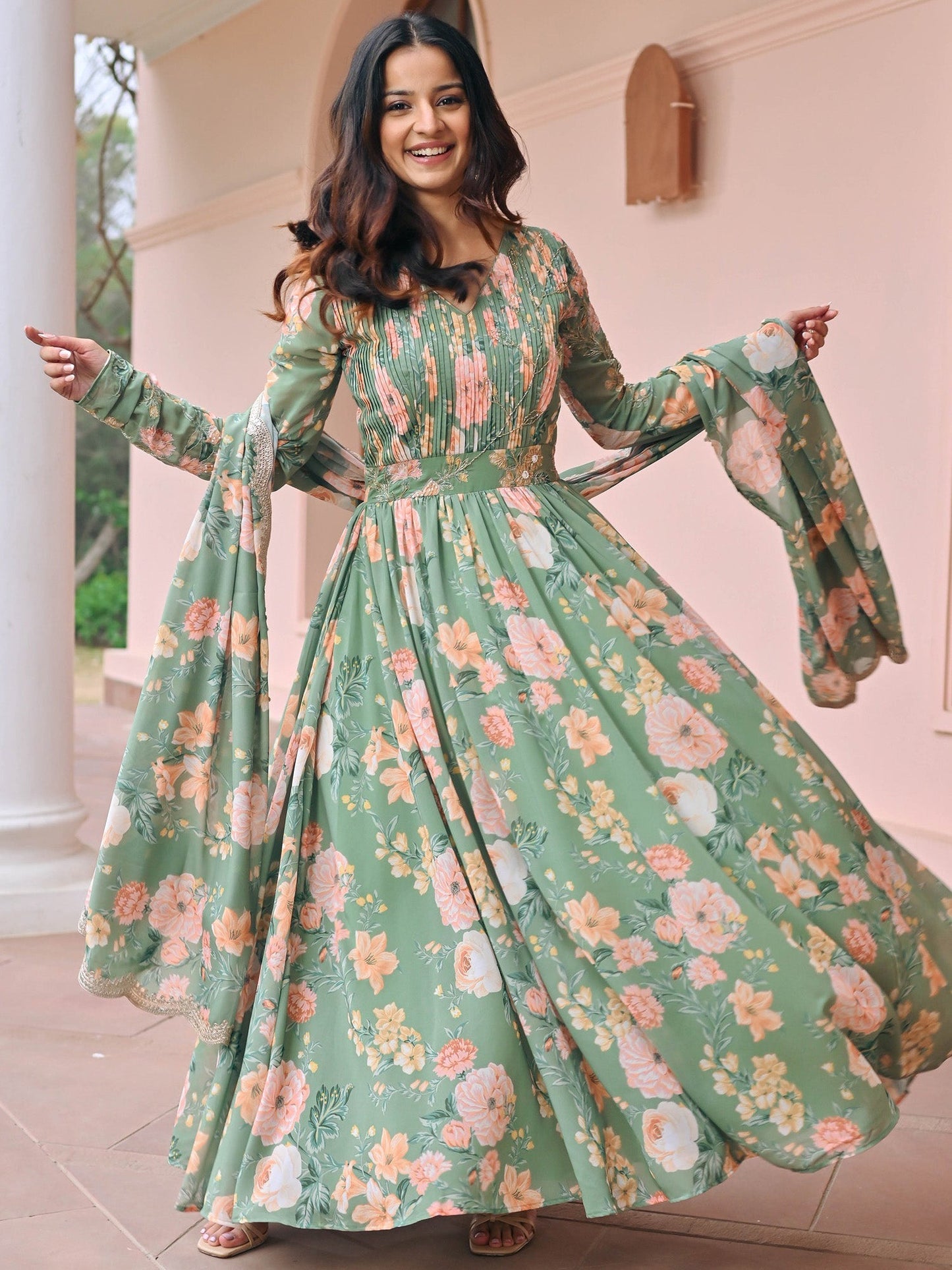 Green Printed Anarkali Set