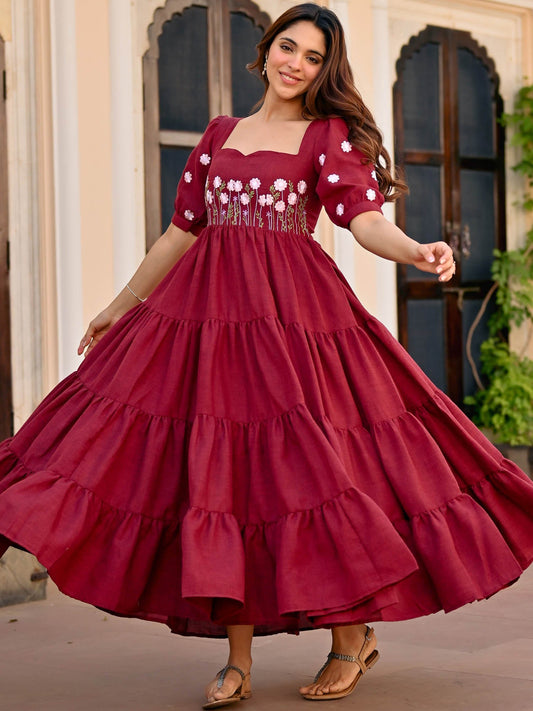 Maroon Floral Embroidery Dress
