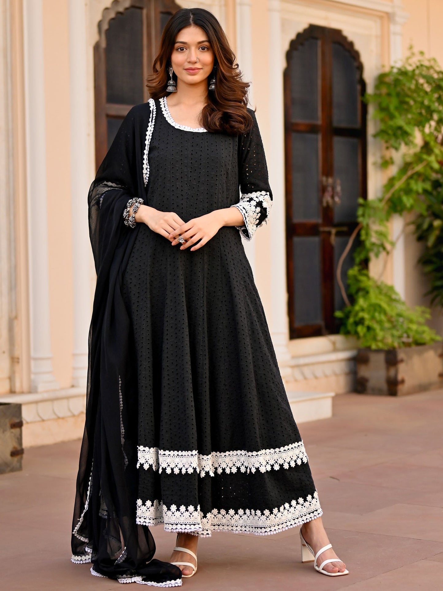 Black Schiffli Anarkali Set