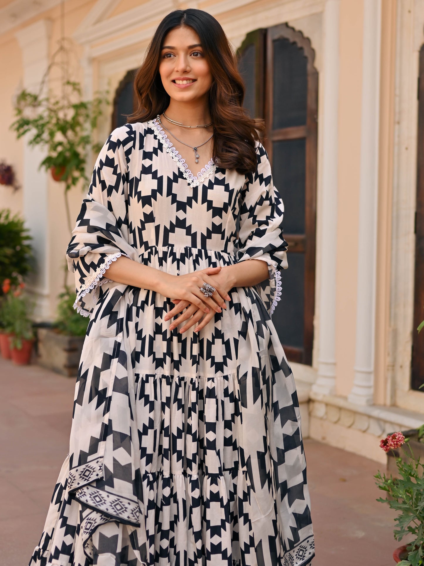Black Geometric Printed Anarkali Set