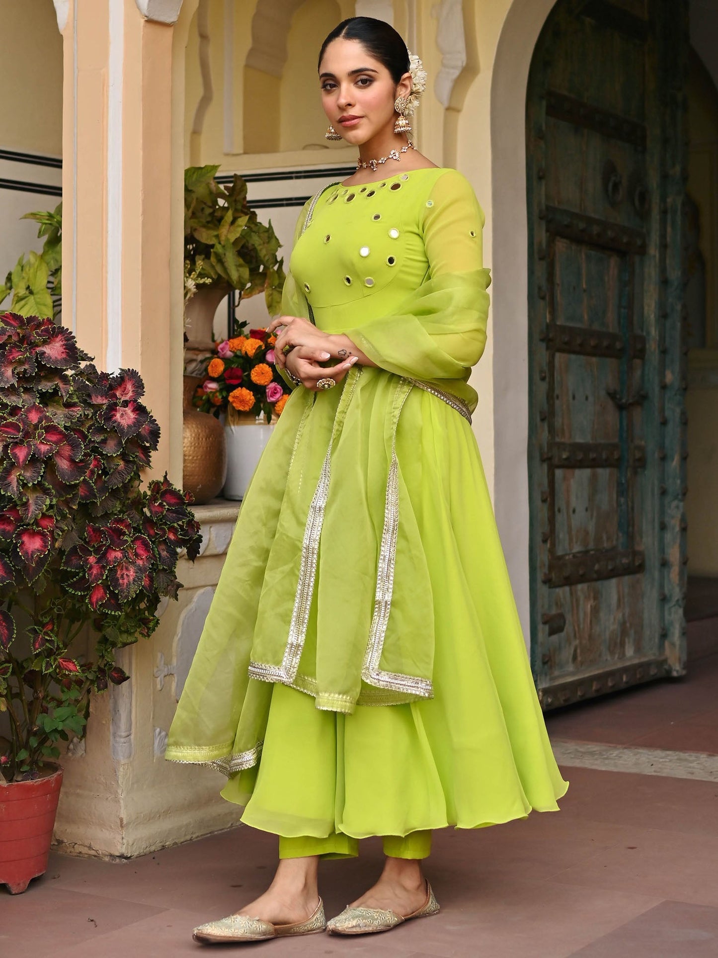 Parrot Green Mirror Anarkali Set