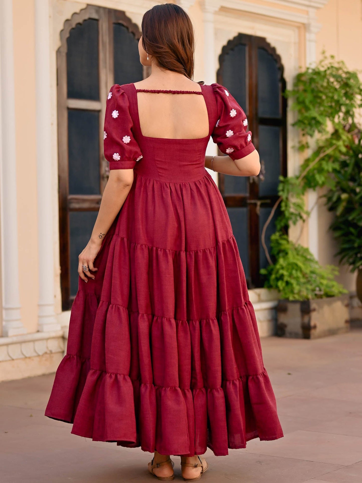 Maroon Floral Embroidery Dress