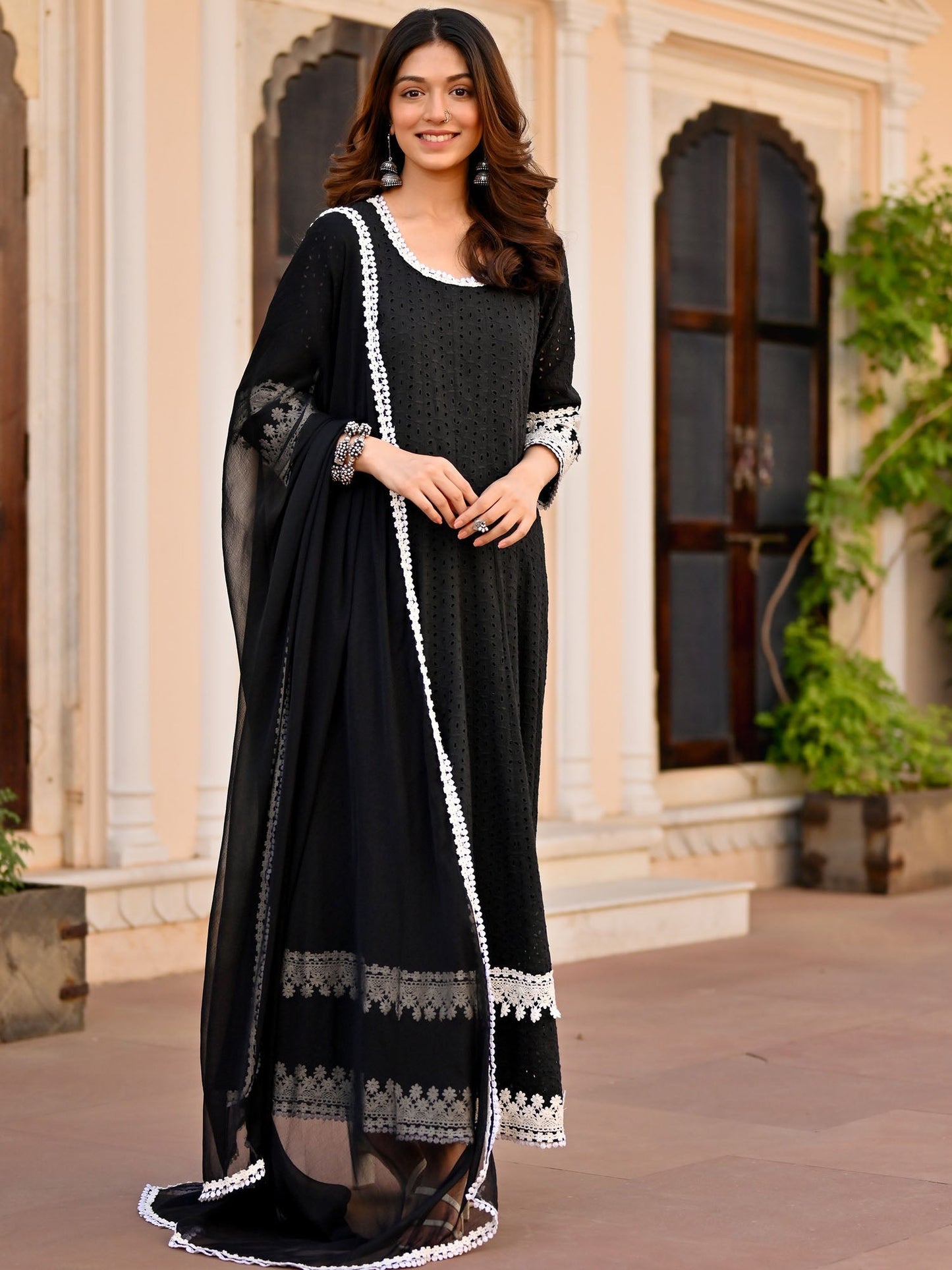Black Schiffli Anarkali Set