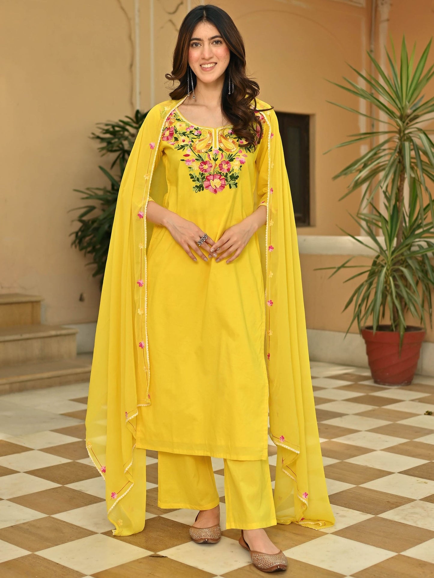 Yellow Cotton Aari Kurta Set