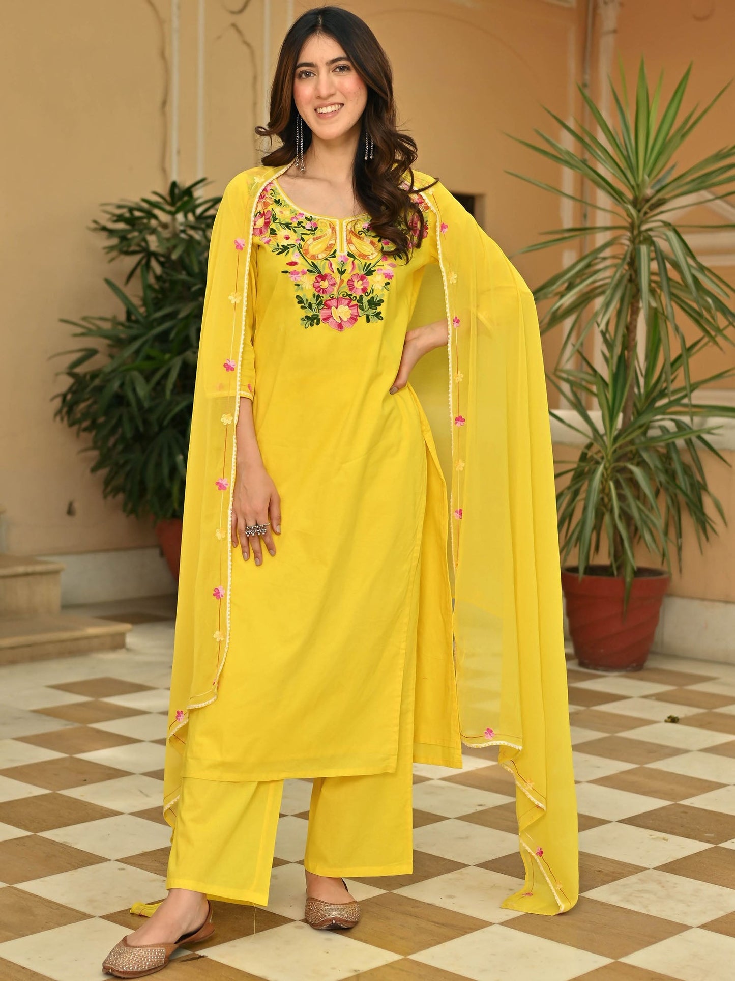 Yellow Cotton Aari Kurta Set