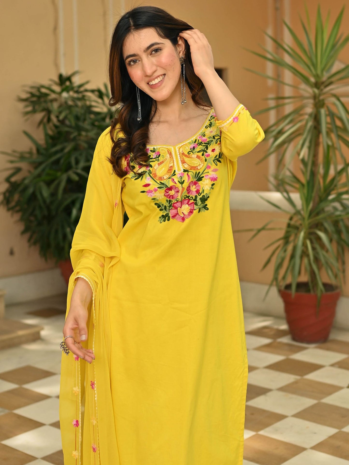 Yellow Cotton Aari Kurta Set