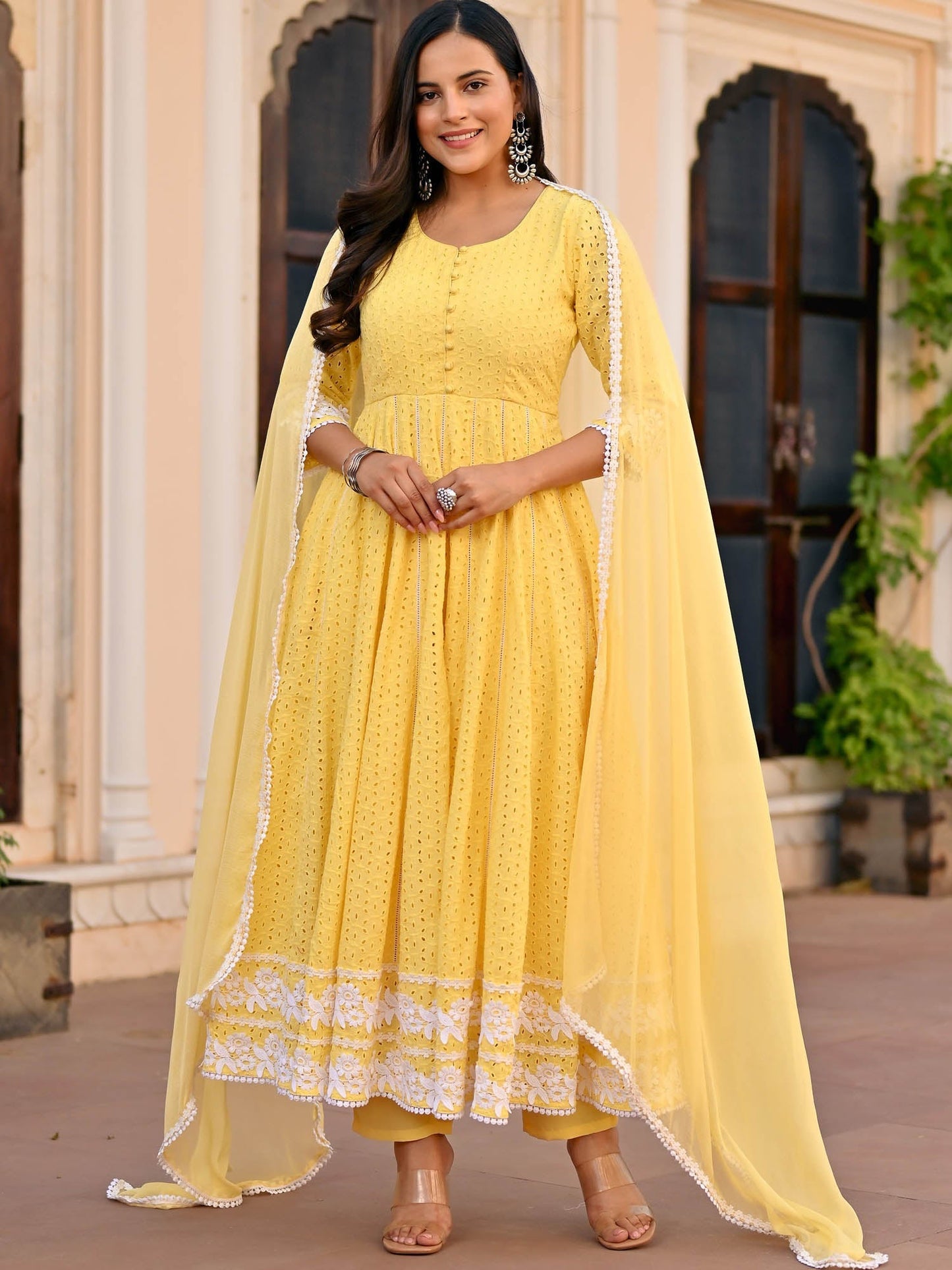 Yellow Schiffli Anarkali Set