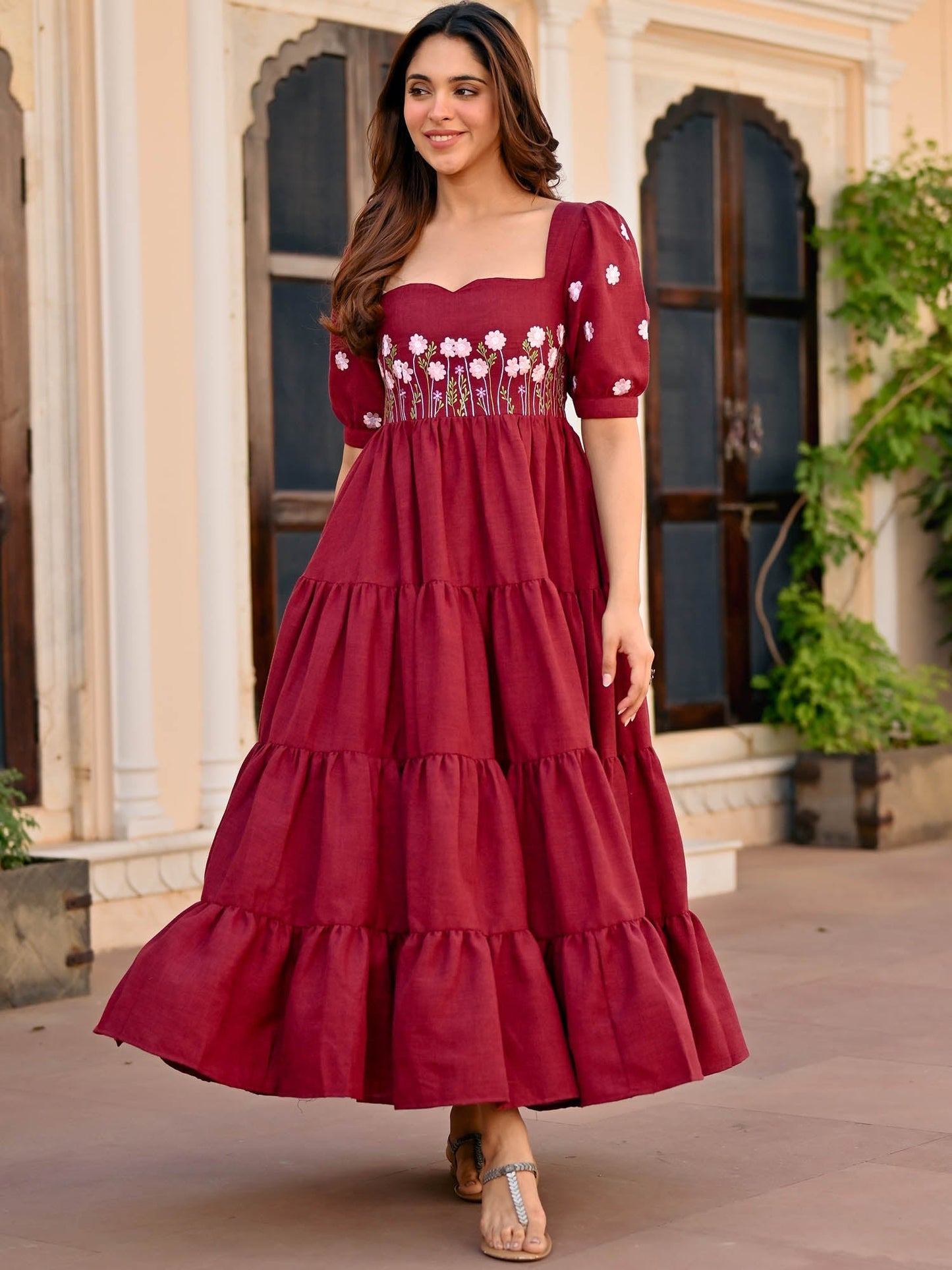 Maroon Floral Embroidery Dress