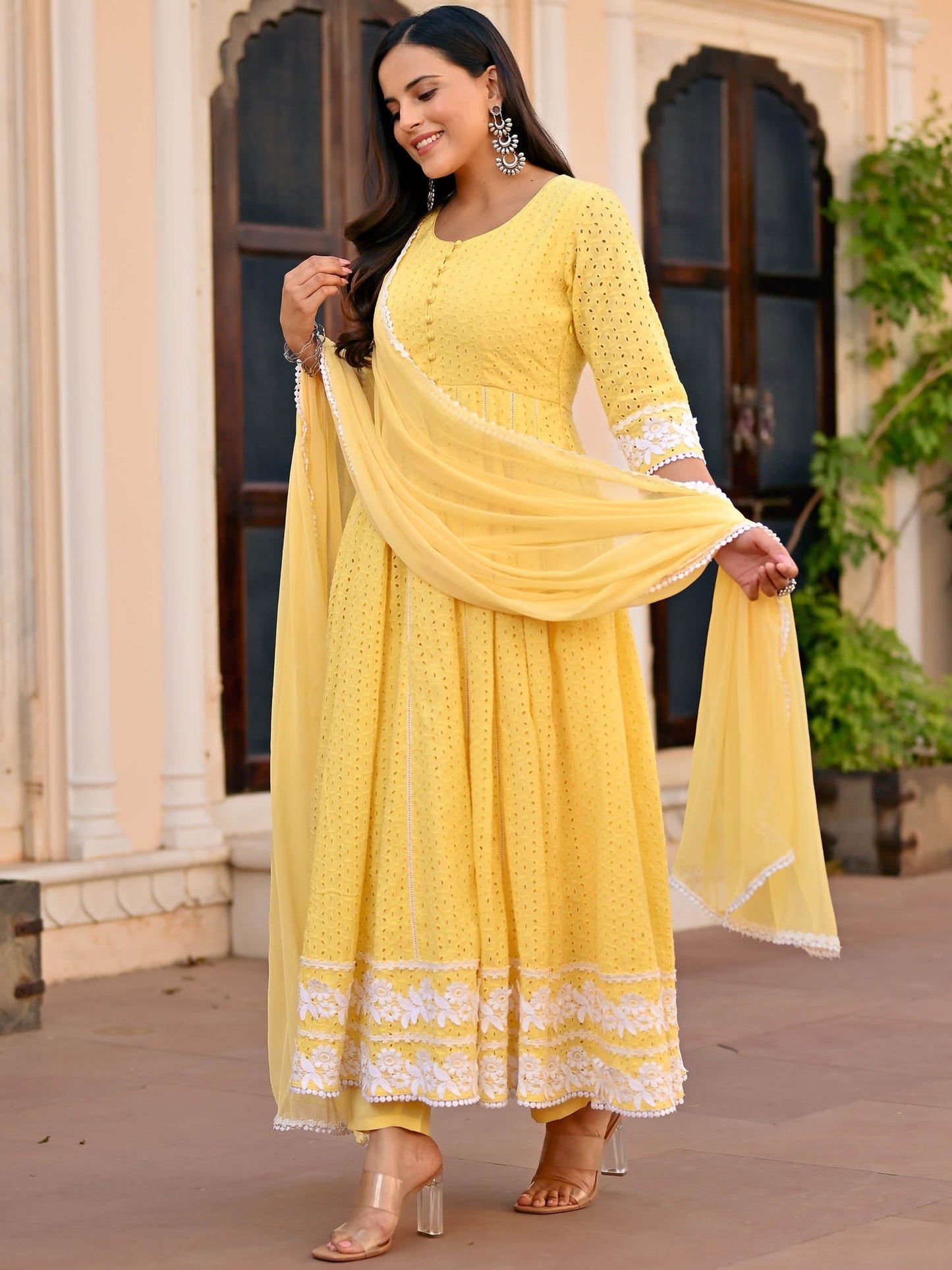 Yellow Schiffli Anarkali Set