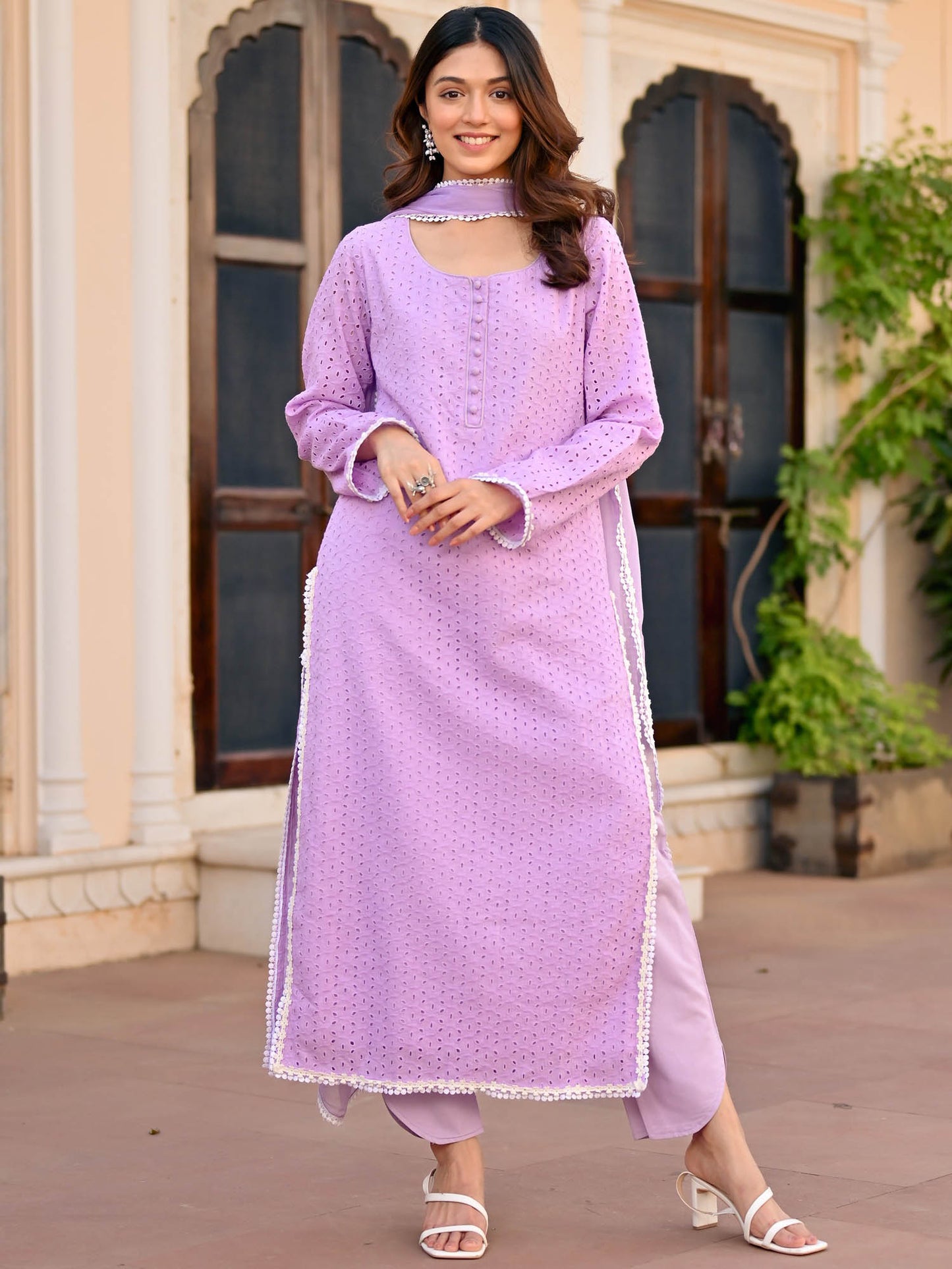 Lavendar Schiffli Kurta Set