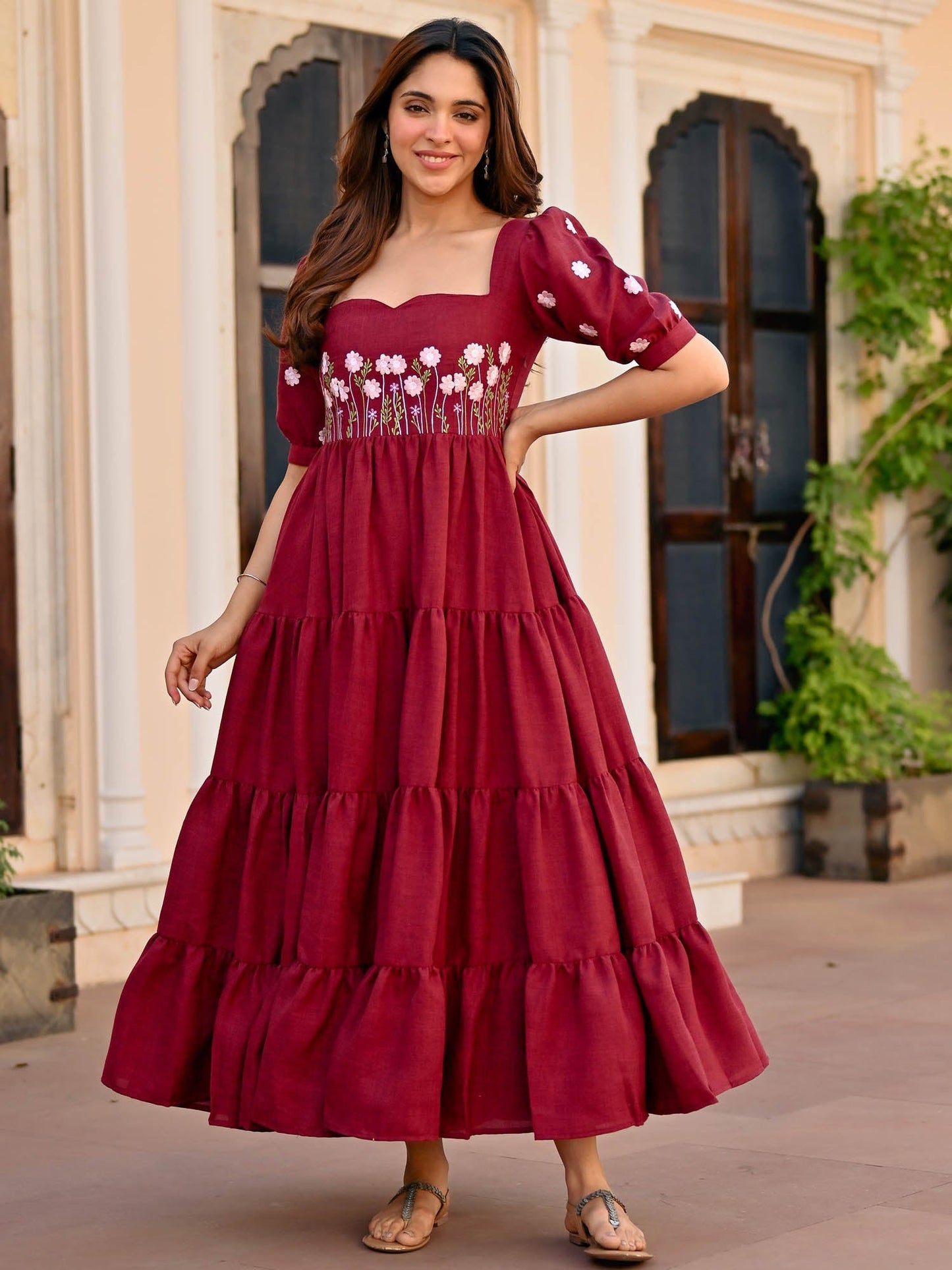 Maroon Floral Embroidery Dress