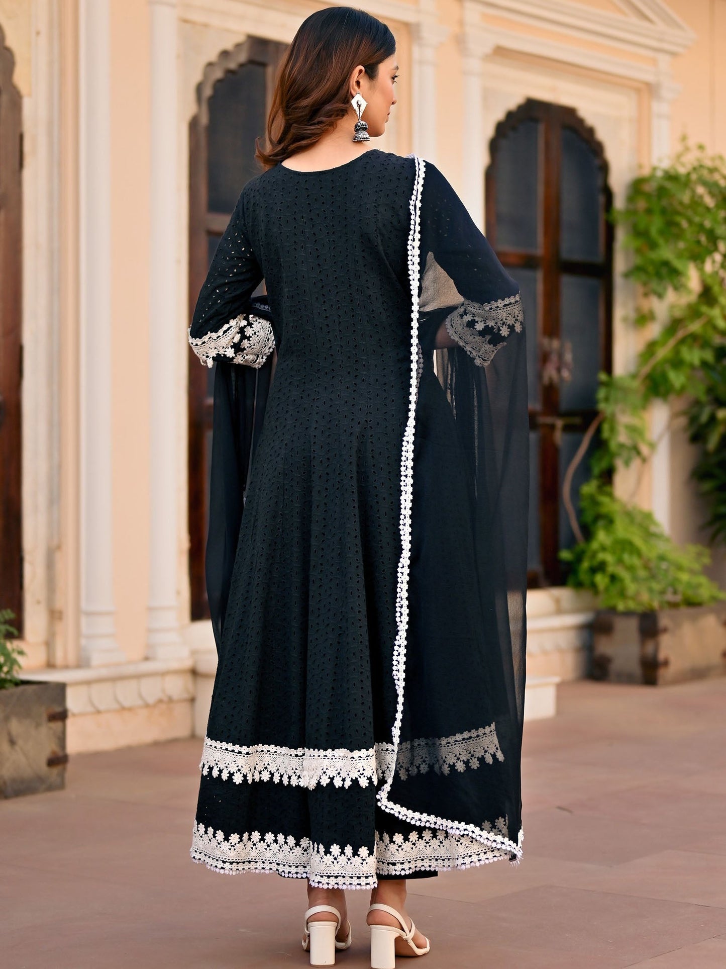 Black Schiffli Anarkali Set