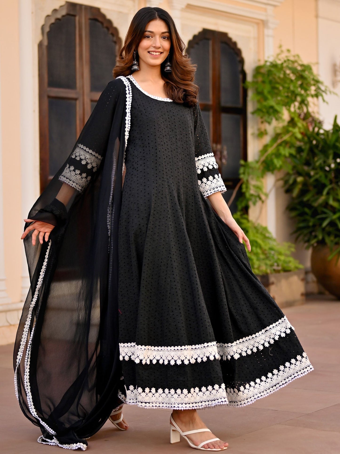 Black Schiffli Anarkali Set