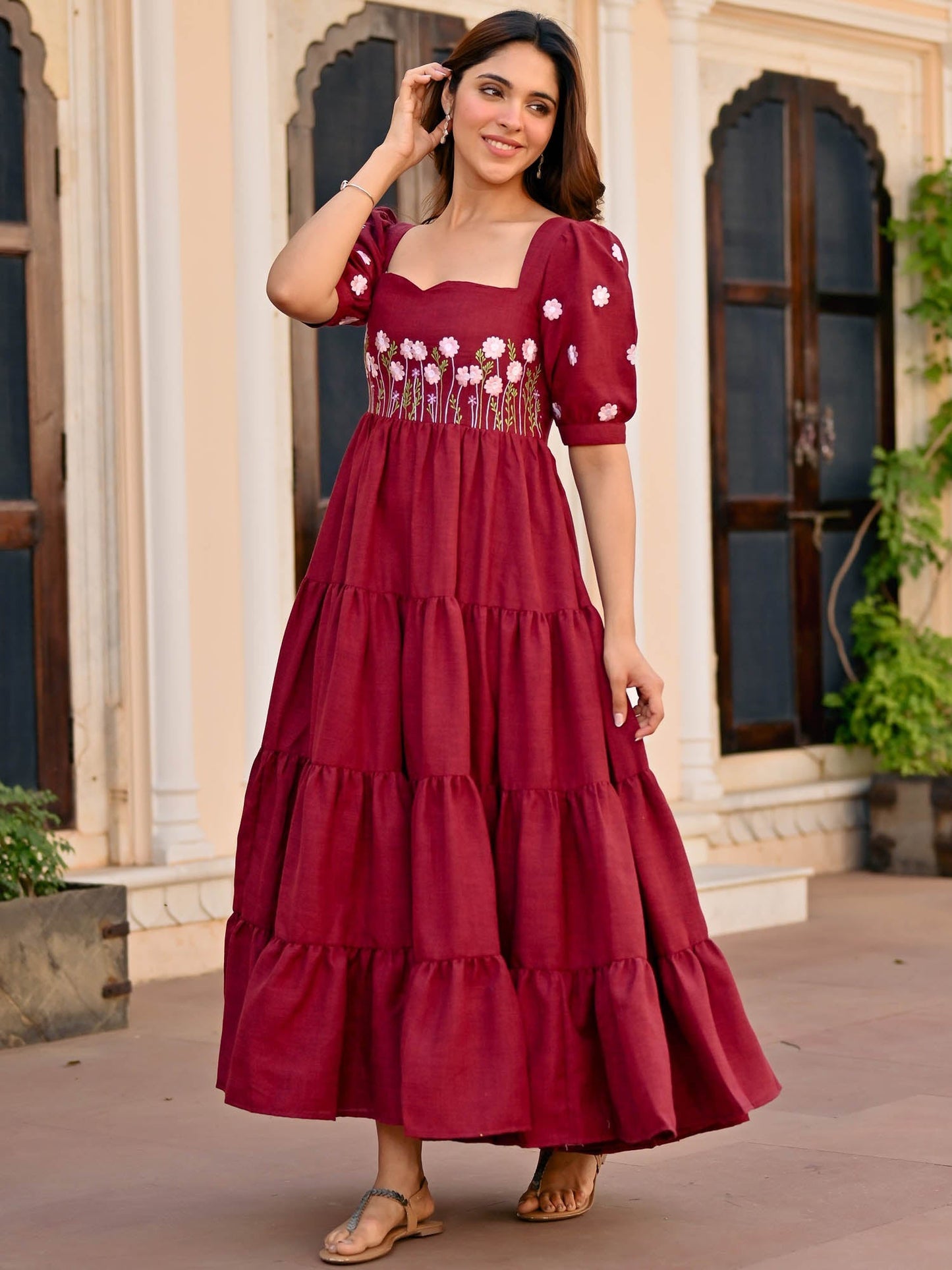 Maroon Floral Embroidery Dress