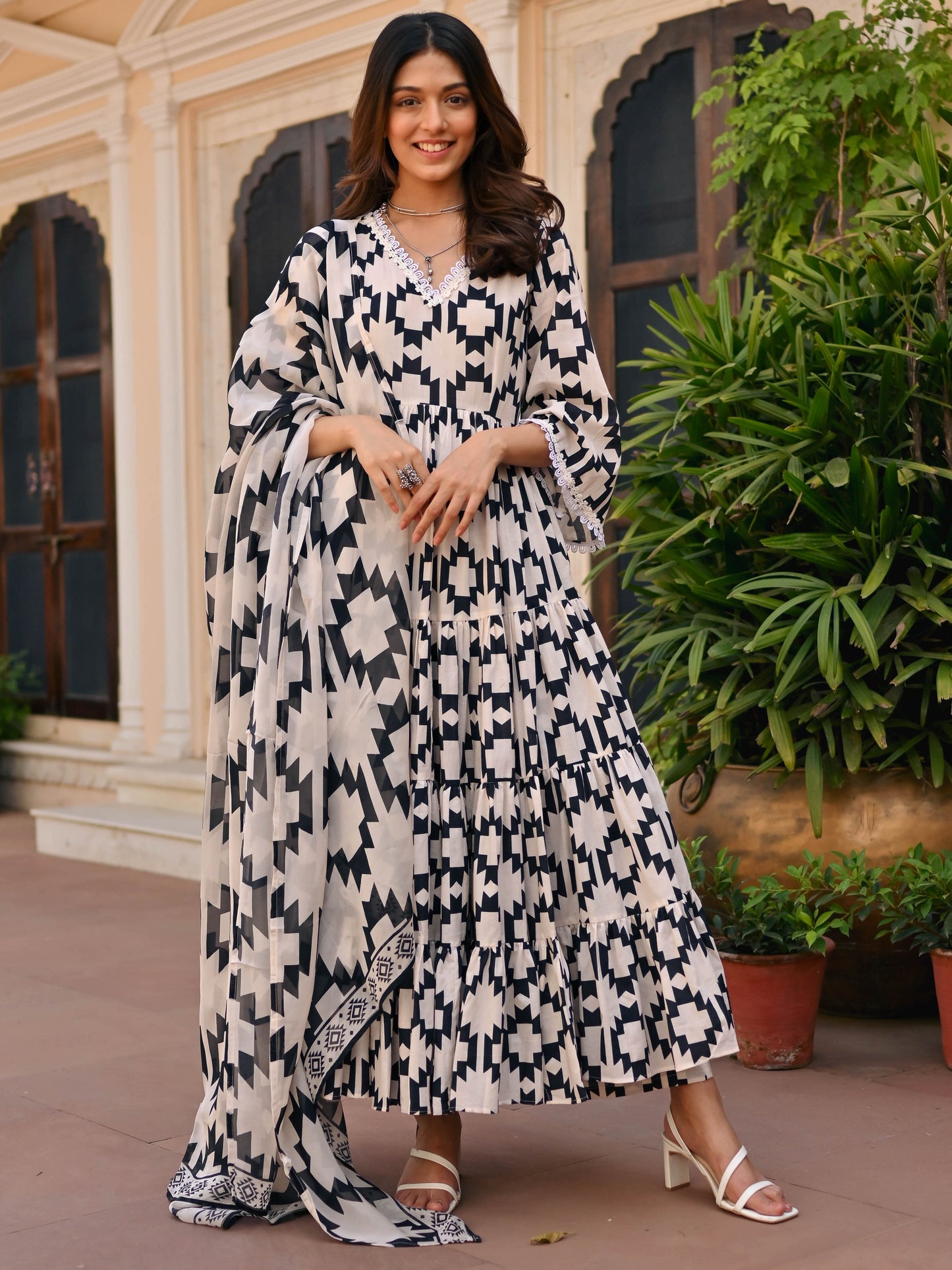 Black Geometric Printed Anarkali Set