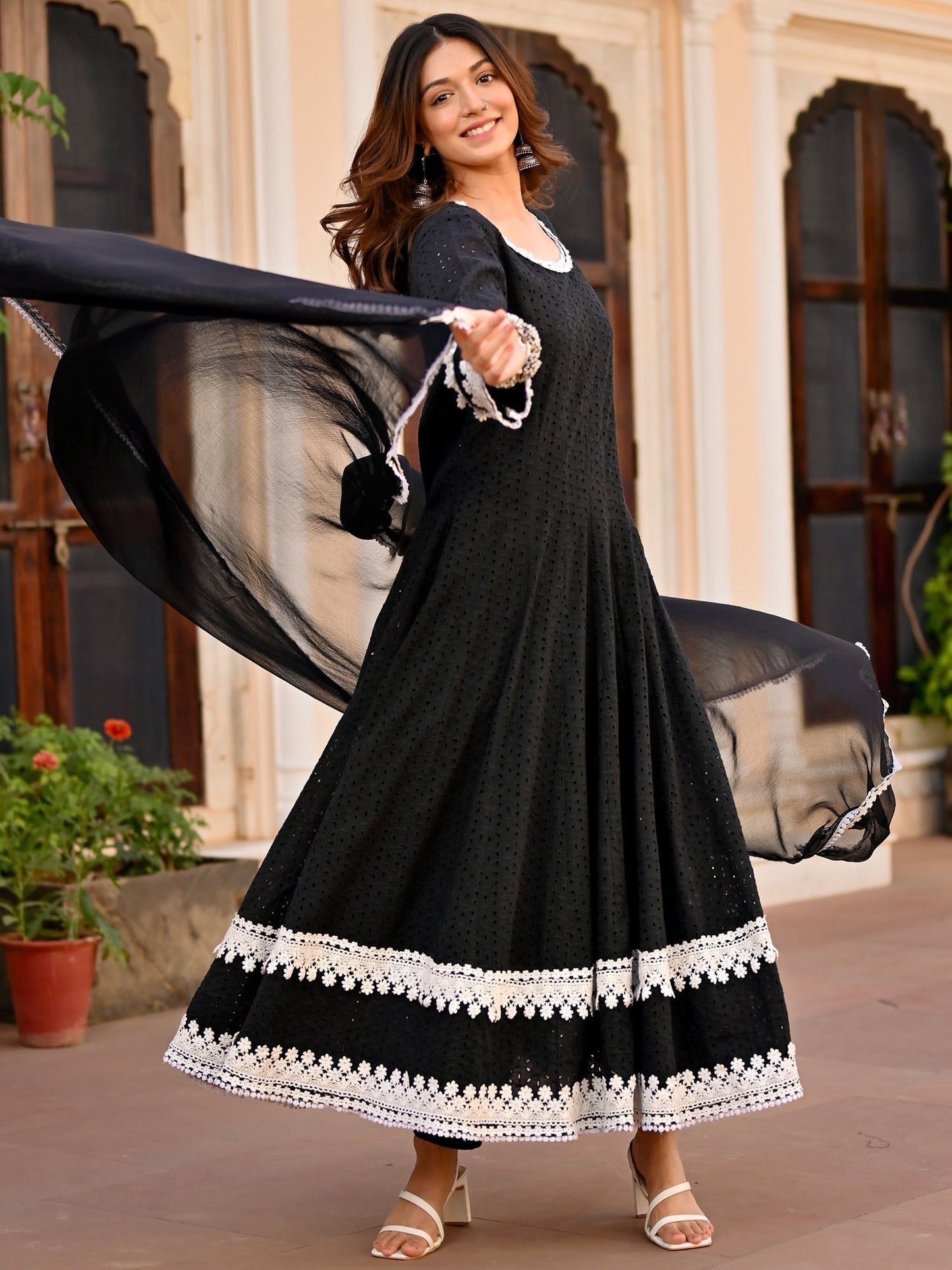 Black Schiffli Anarkali Set