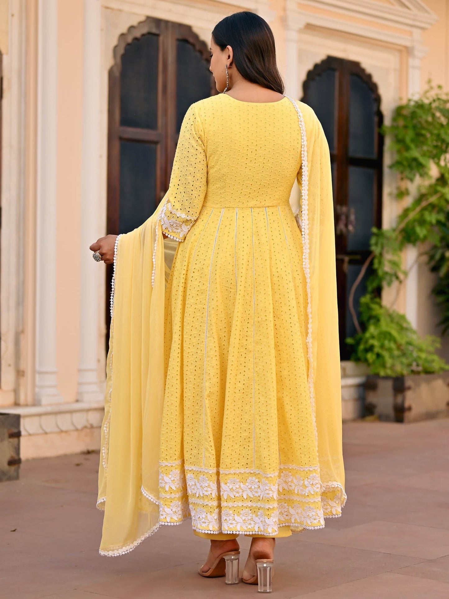 Yellow Schiffli Anarkali Set