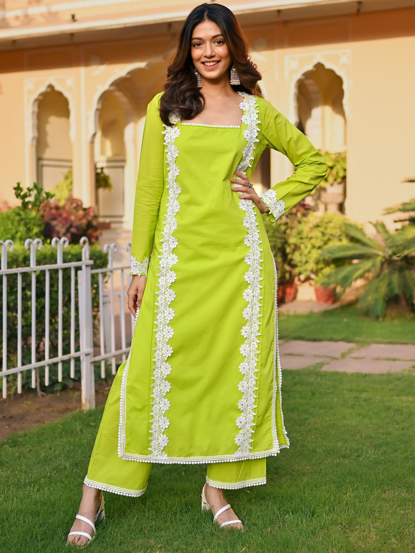Solid Green Cotton Kurta Set