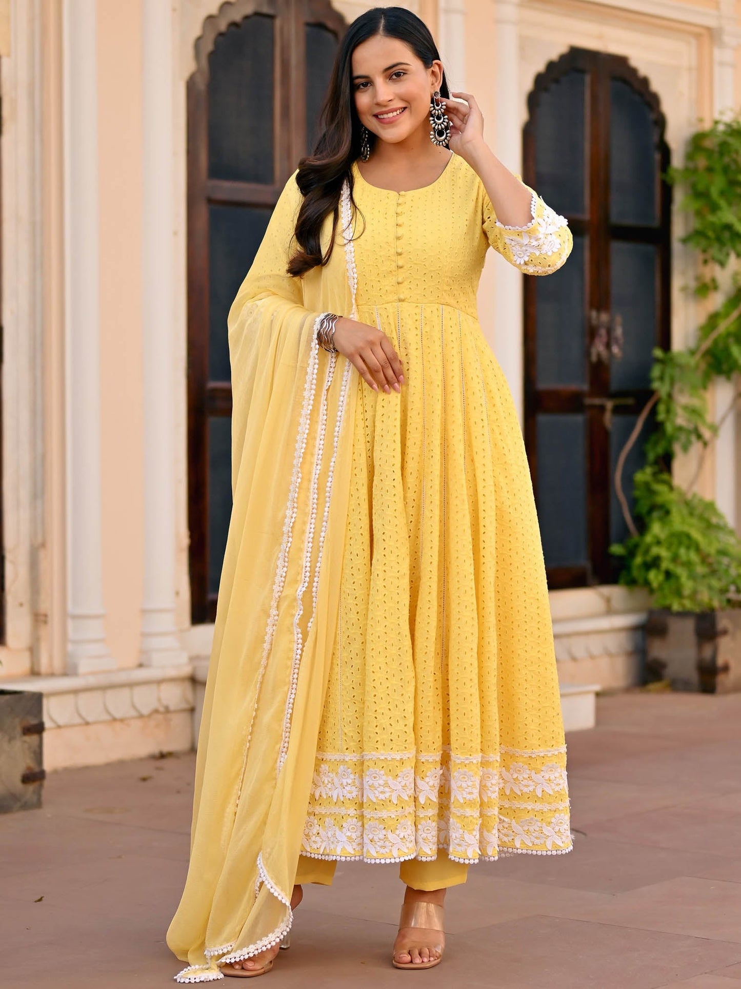 Yellow Schiffli Anarkali Set