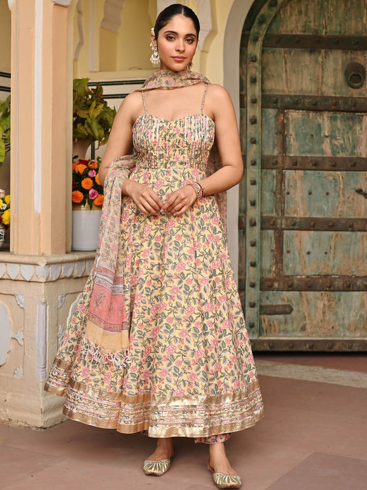 Yellow Handblock Printed Anarkali Set