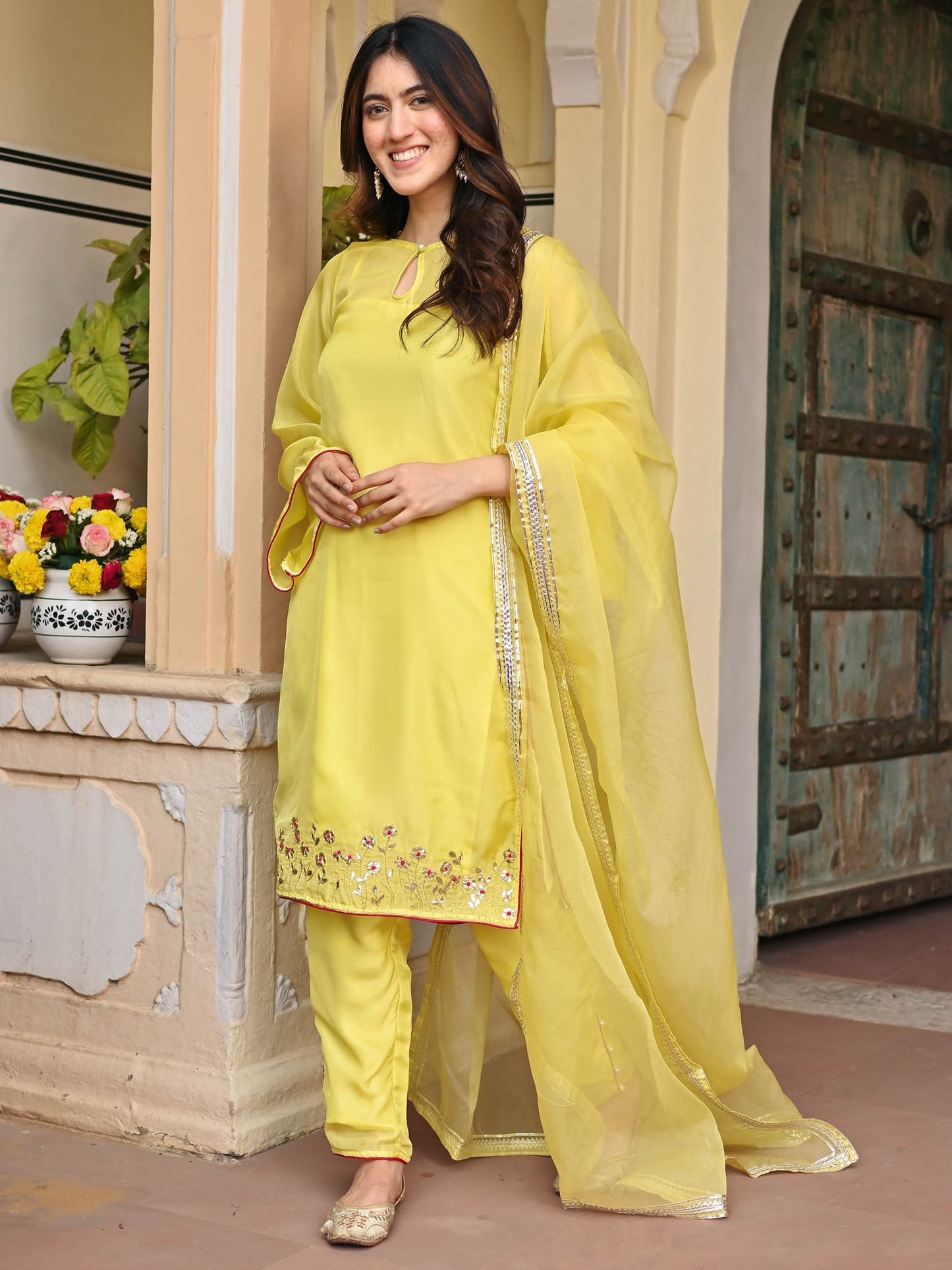 LEMON YELLOW SILK  KURTA AND PANT SET