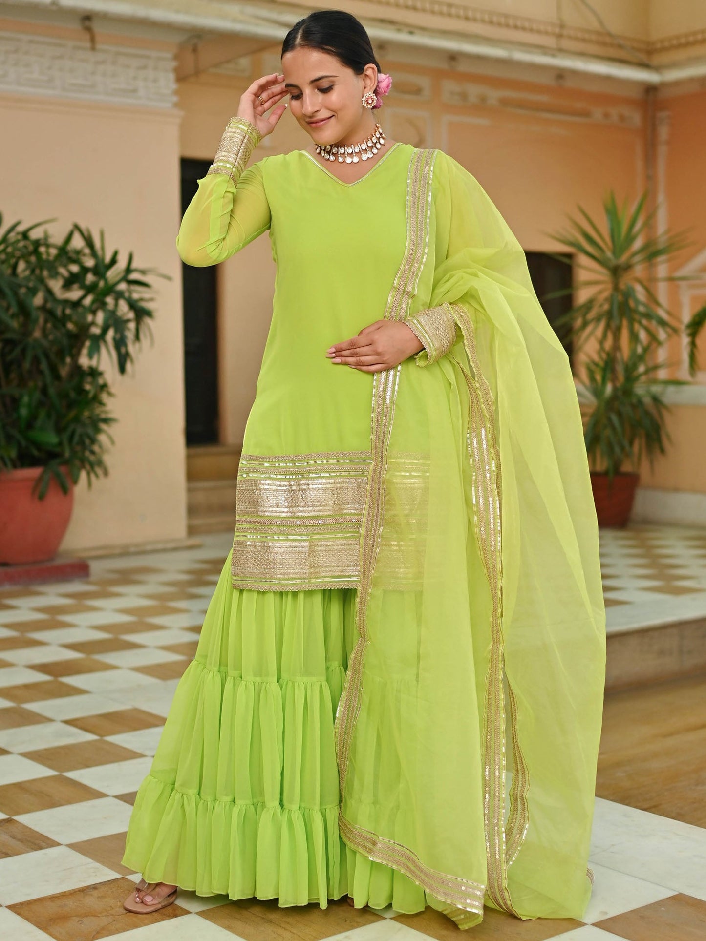 GREEN GEORGETTE KURTA AND SHARARA SET