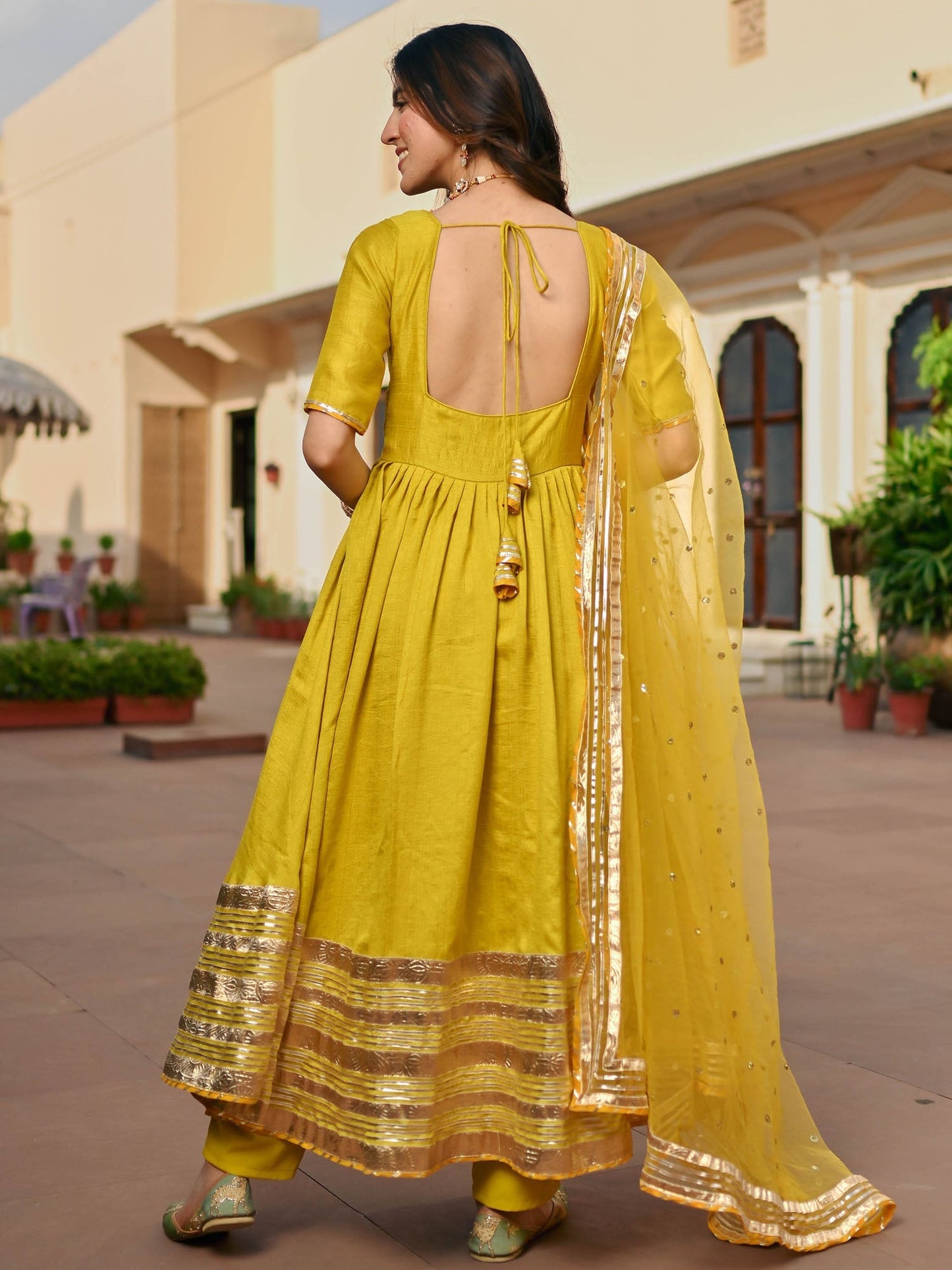 Lemon Green Silk Anarkali set