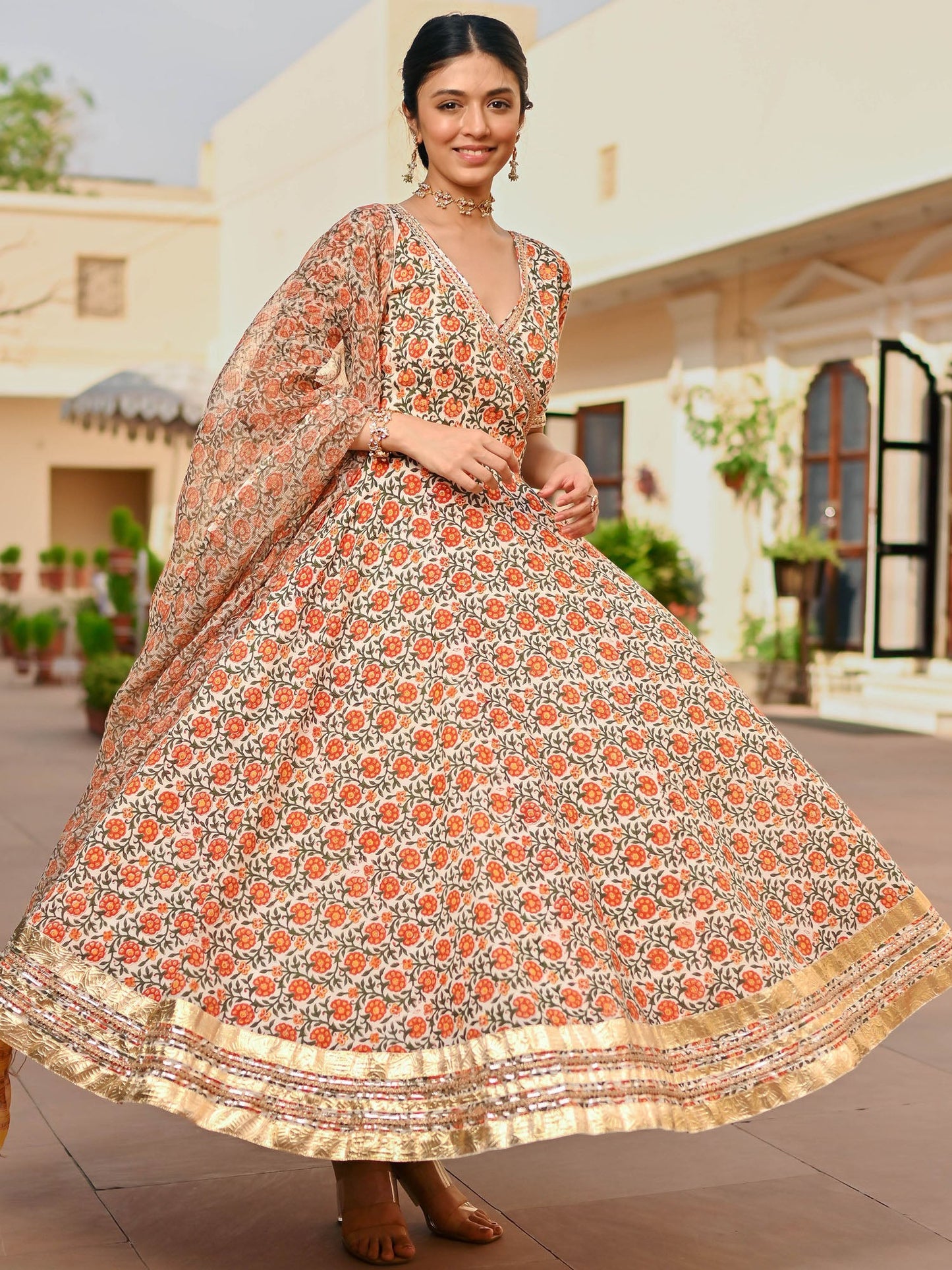 Beige Printed Handblock Anarkali Set