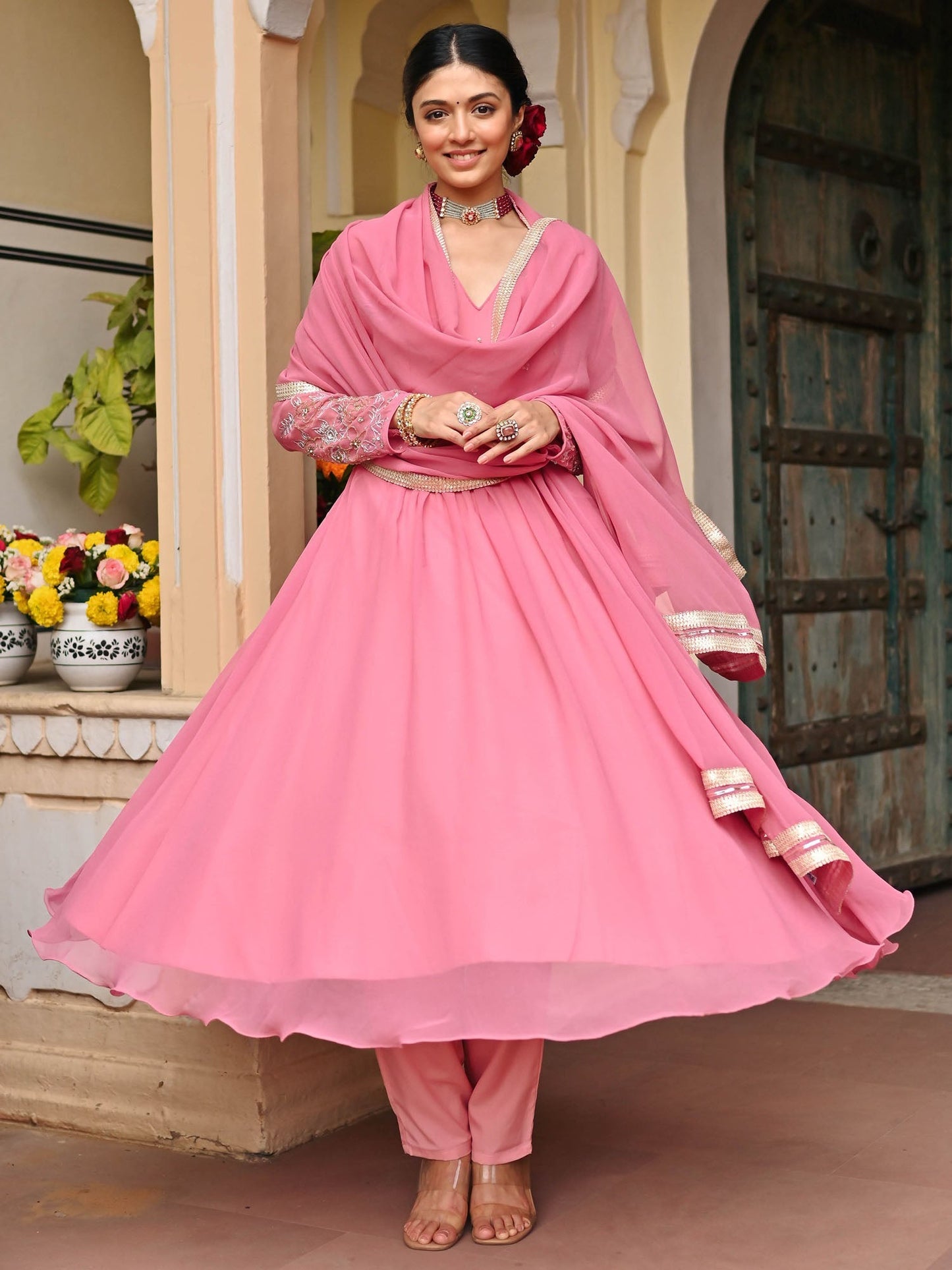 Pink Georgette Handwork Anarkali Set