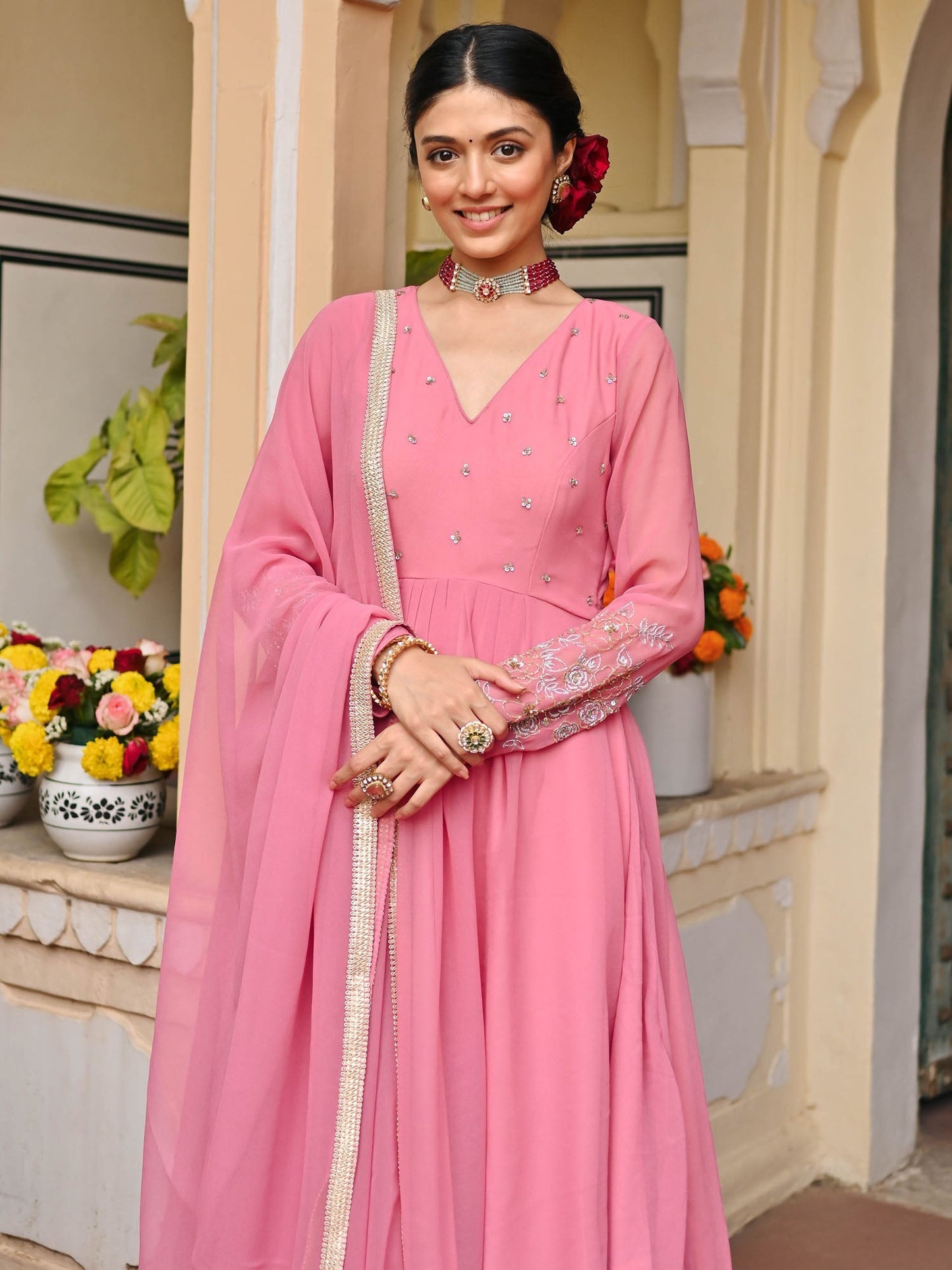 Pink Georgette Handwork Anarkali Set