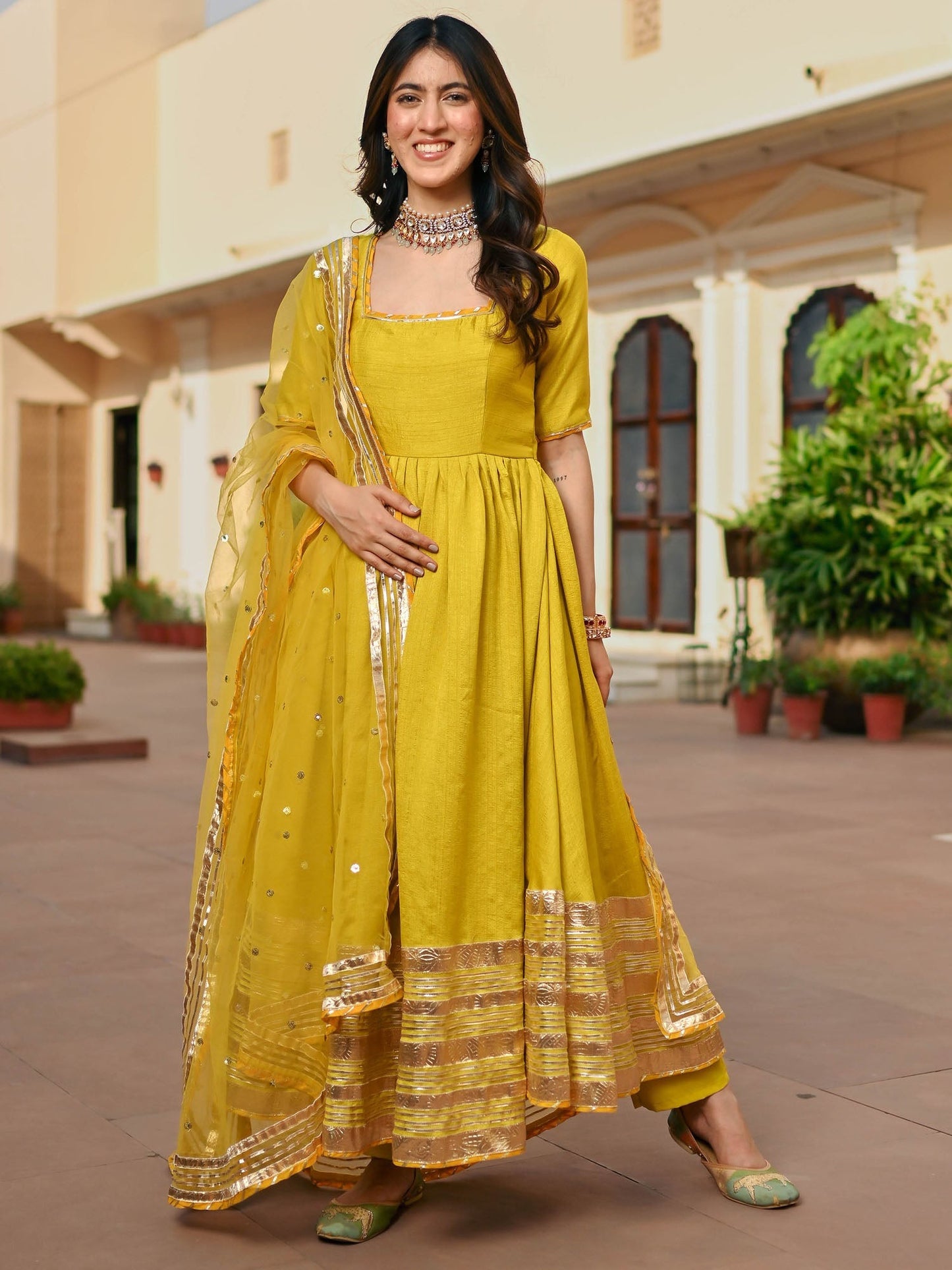 Lemon Green Silk Anarkali set
