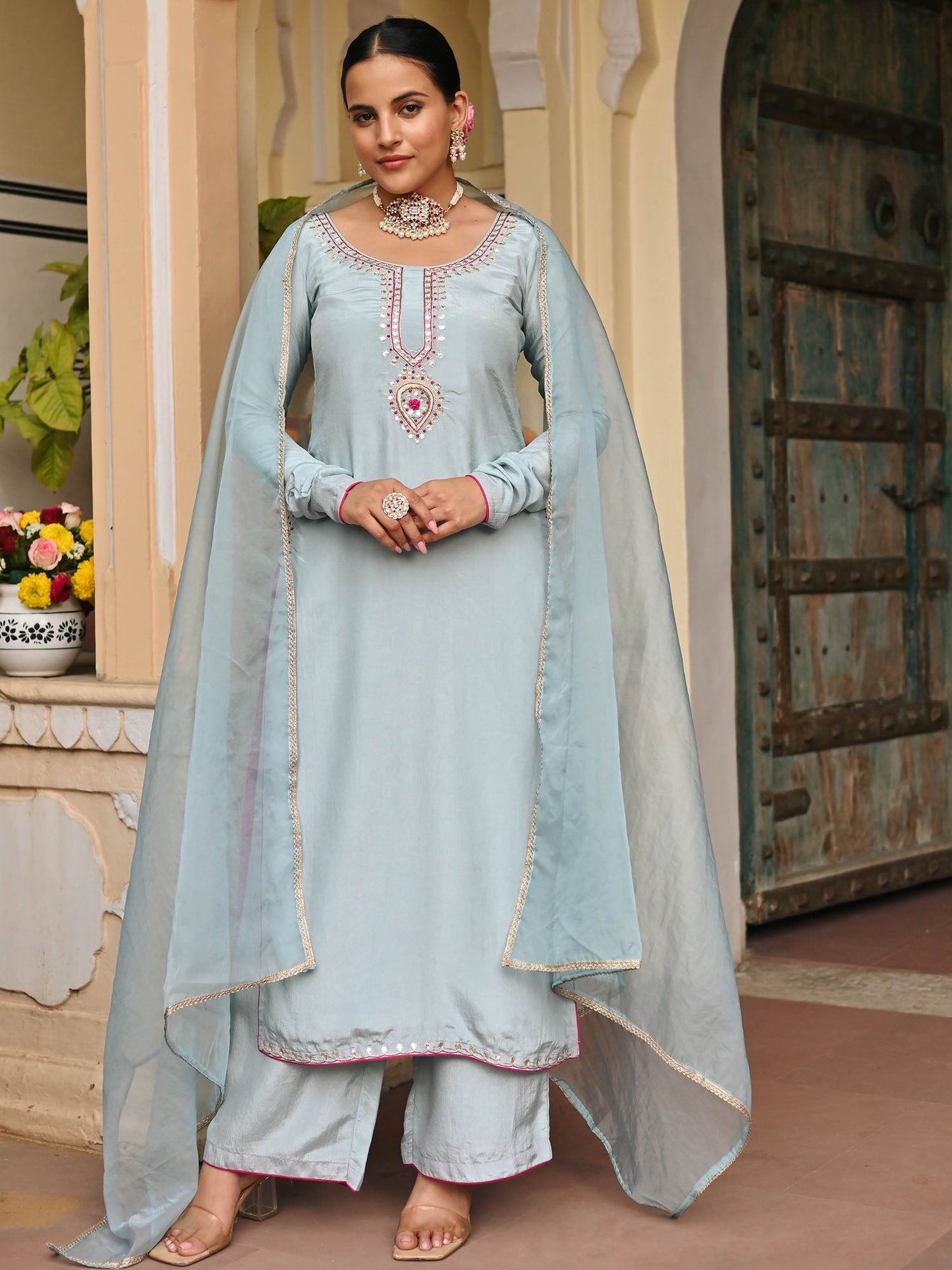 SKY BLUE SILK KURTA AND PALAZZO SET