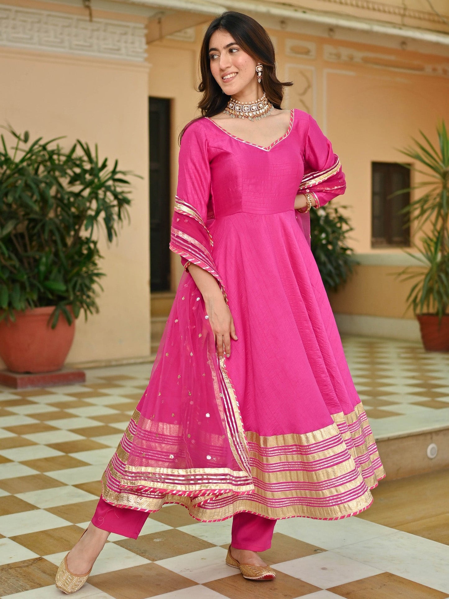 Pink Silk Gotta Anarkali Set