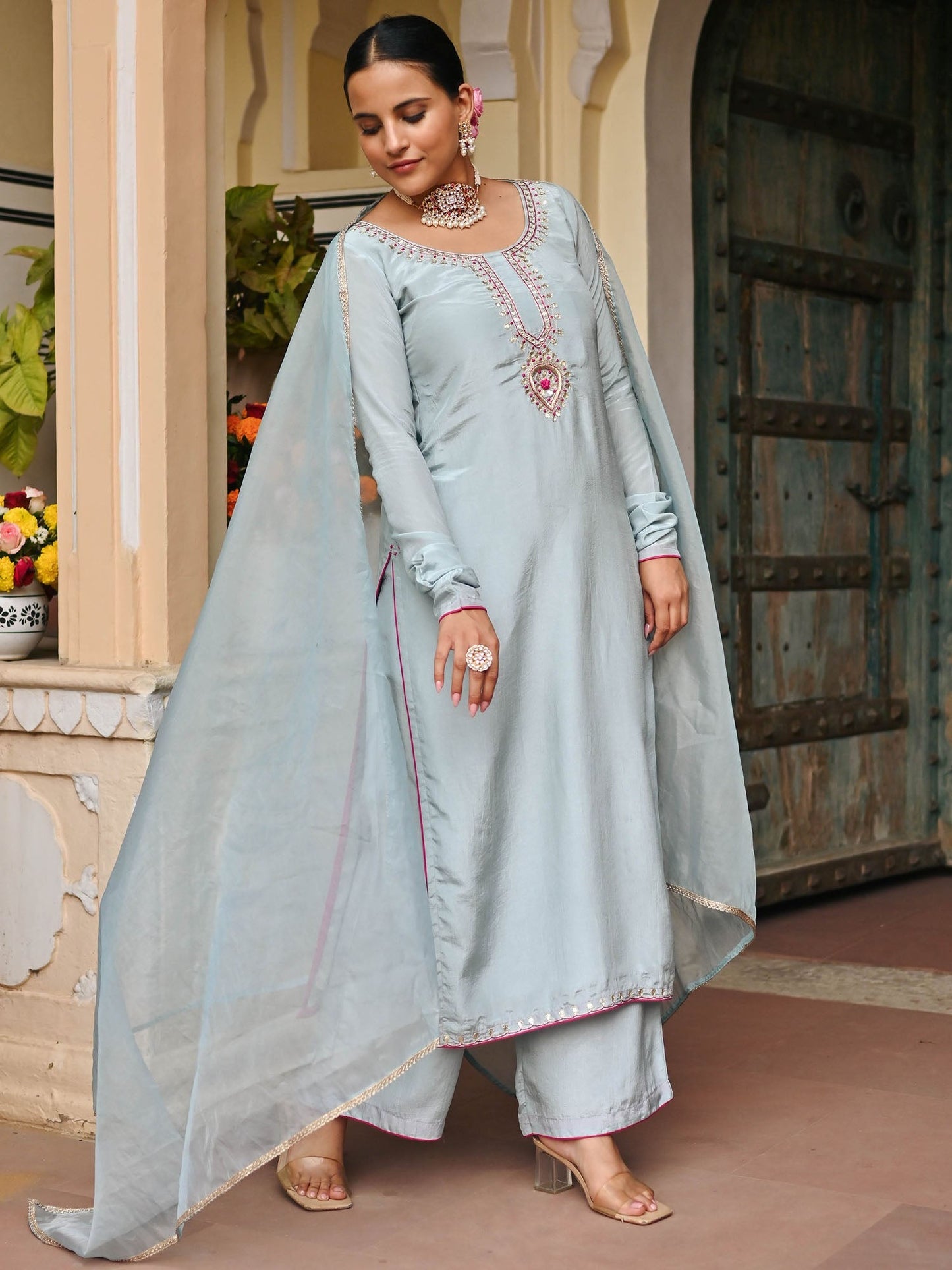 SKY BLUE SILK KURTA AND PALAZZO SET