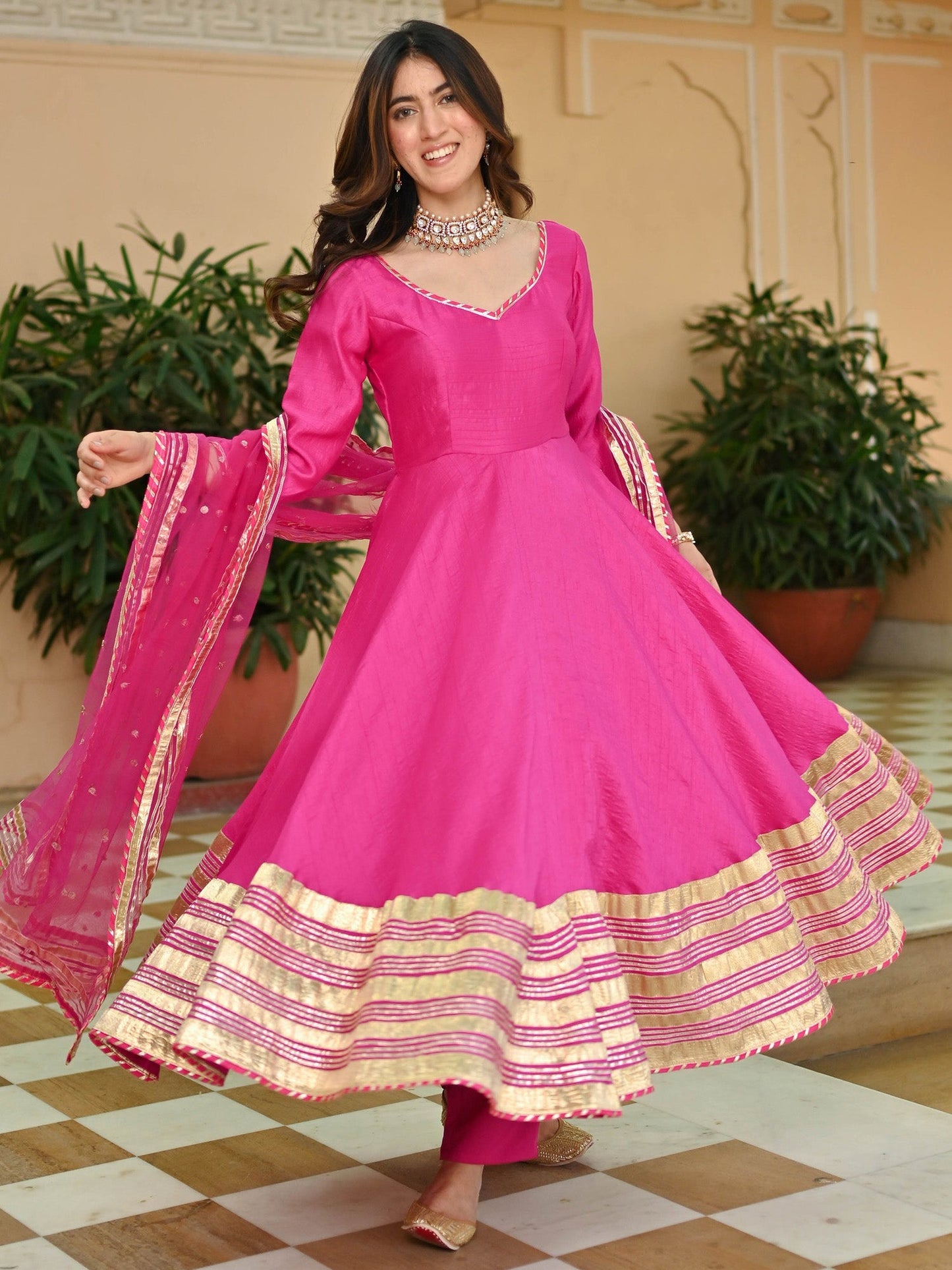 Pink Silk Gotta Anarkali Set