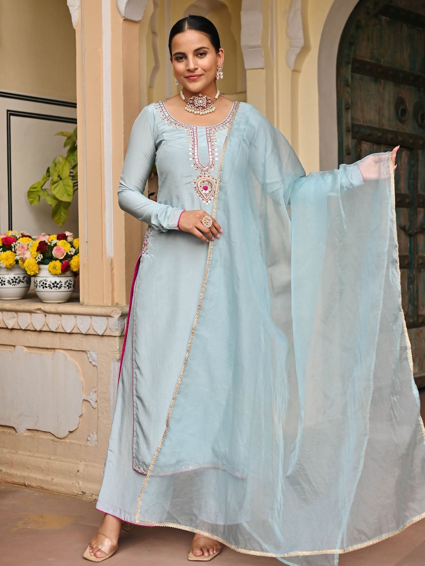 SKY BLUE SILK KURTA AND PALAZZO SET