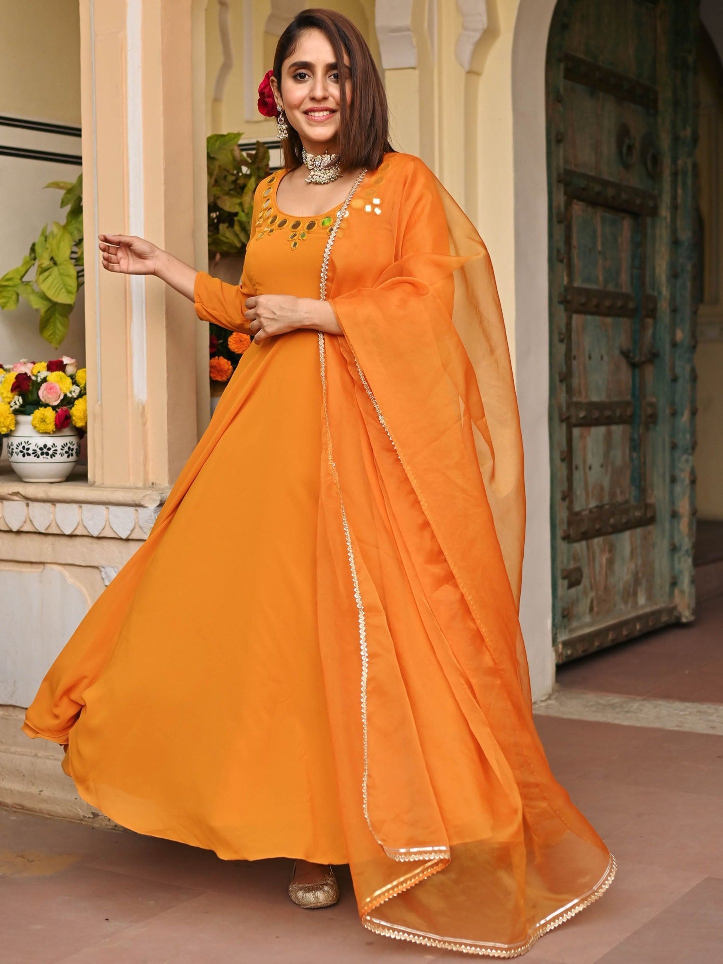 Mustard Yellow Mirror Anarkali Set