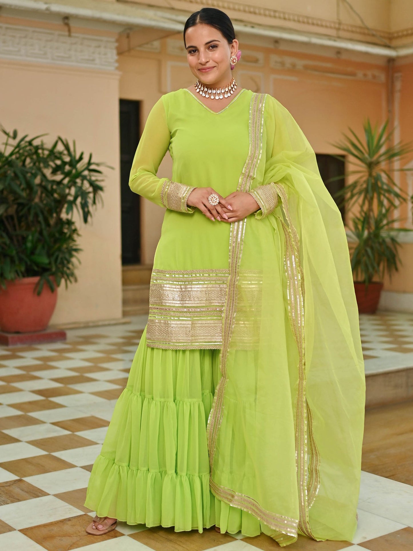 GREEN GEORGETTE KURTA AND SHARARA SET