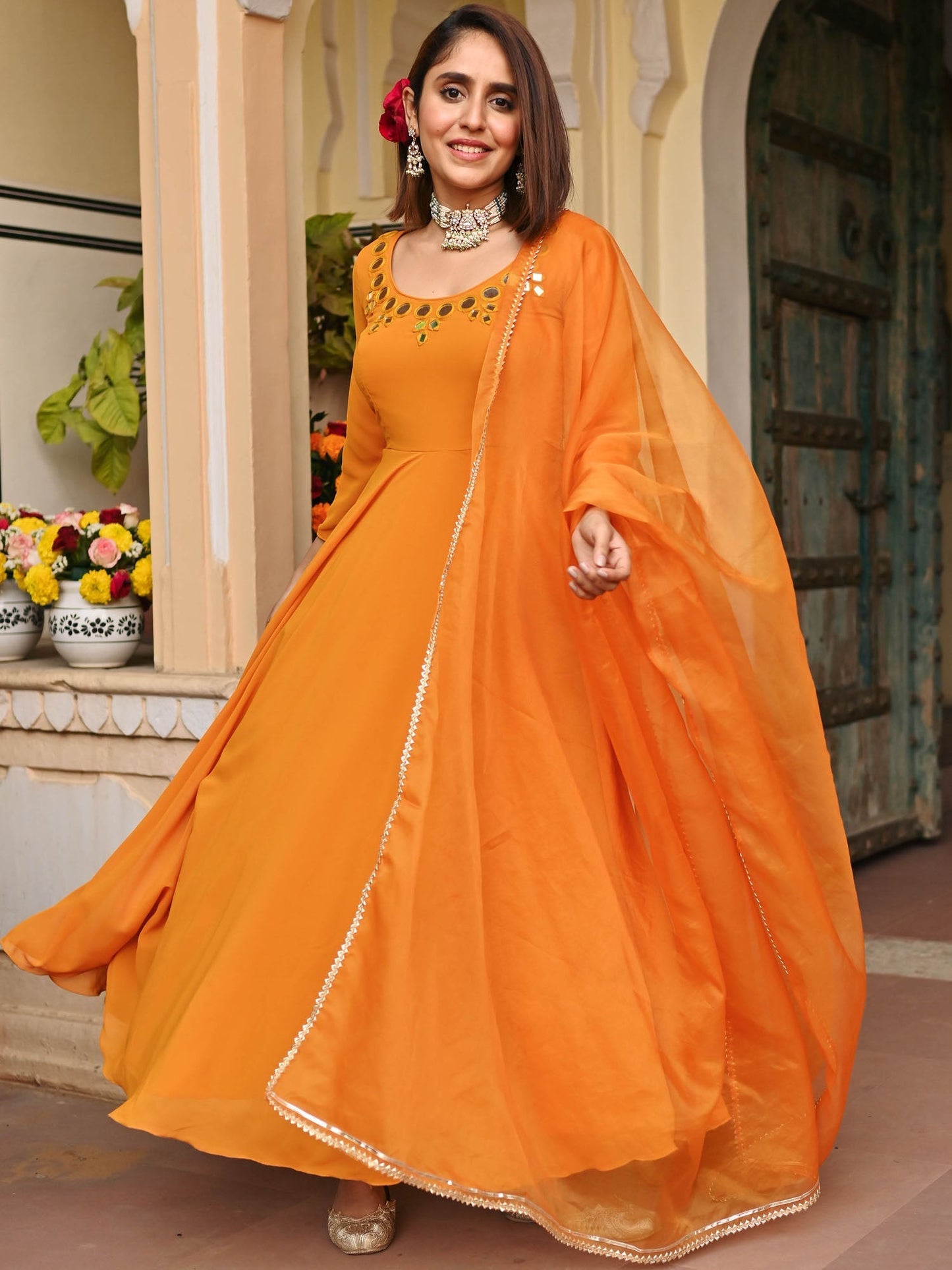 Mustard Yellow Mirror Anarkali Set