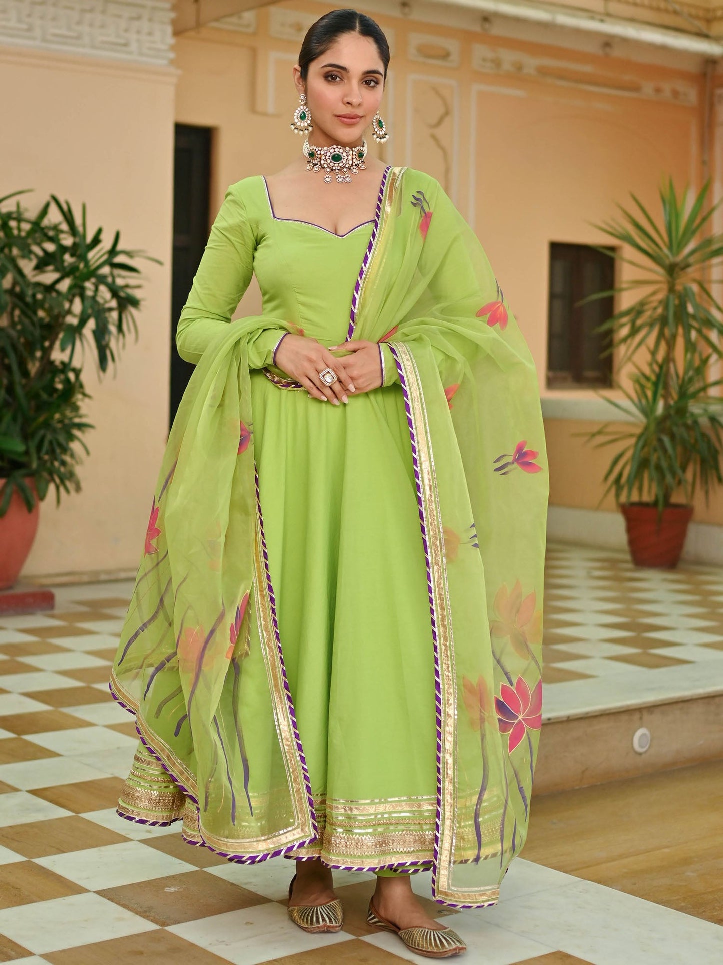 Green Handbrush Anarkali Set