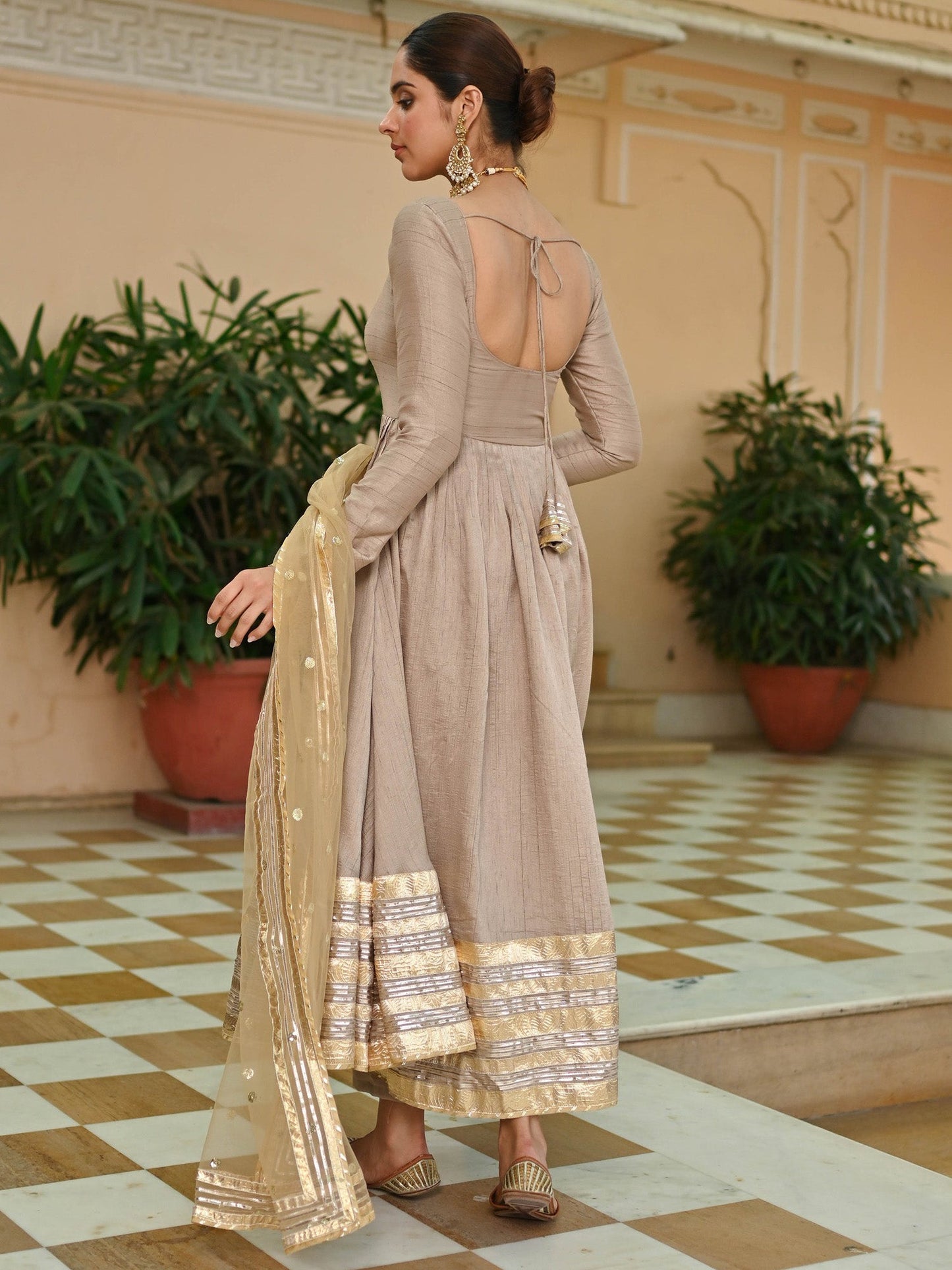 Beige Gold Silk Anarkali set