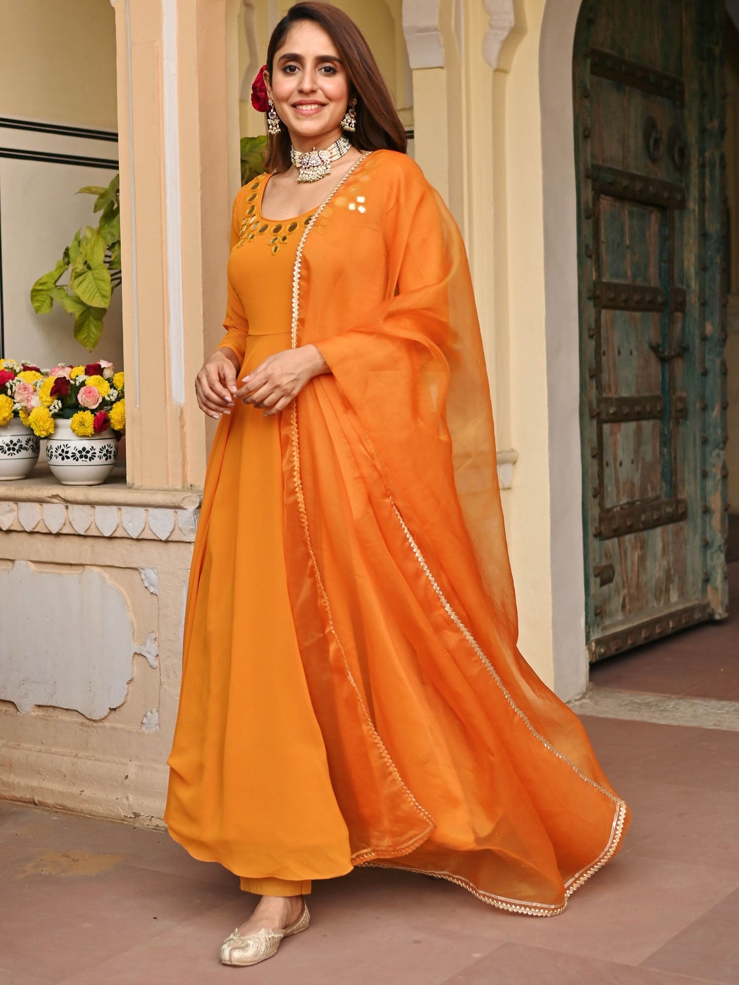Mustard Yellow Mirror Anarkali Set