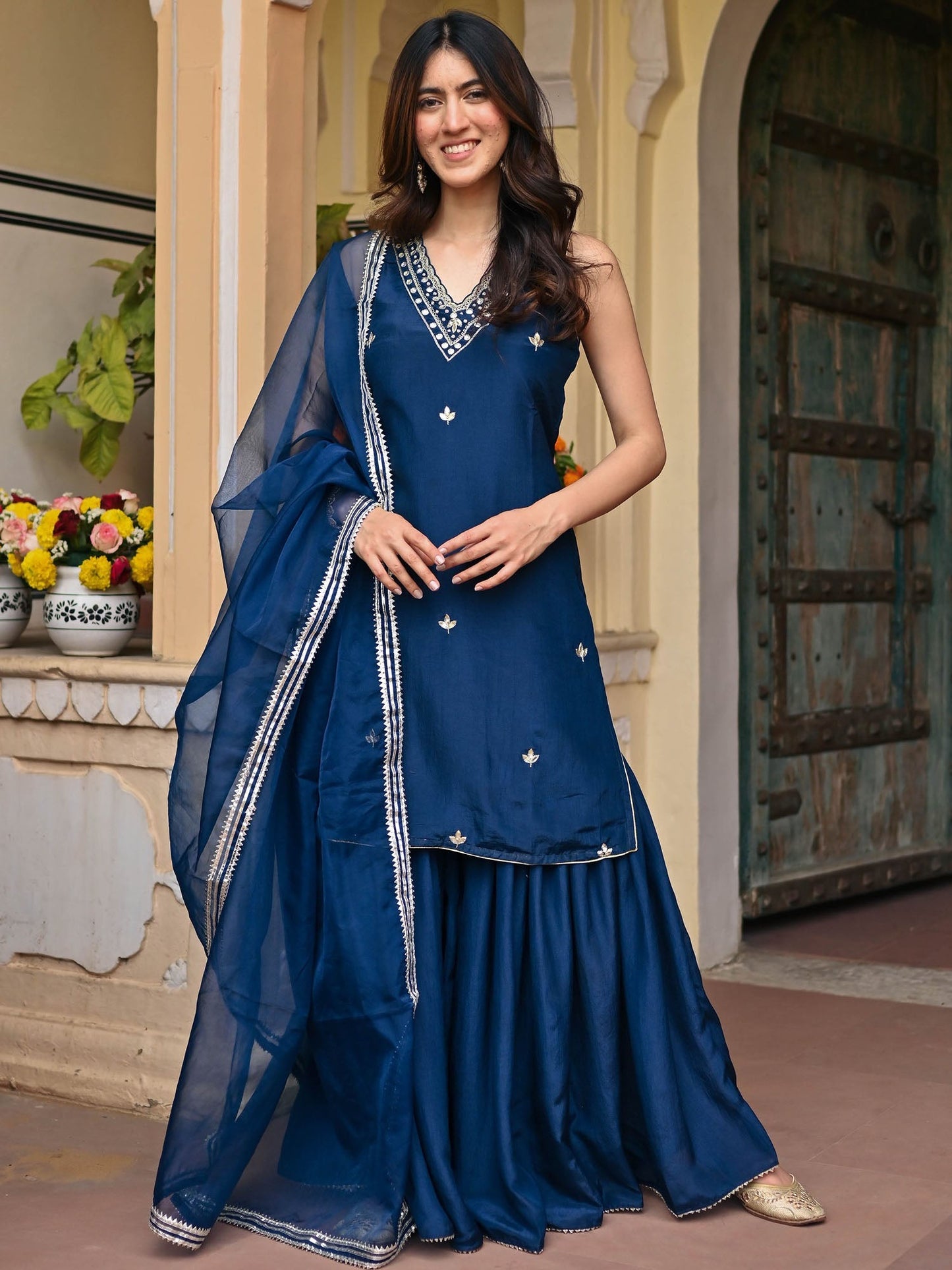 NAVY BLUE SILK KURTA AND SHARARA SET