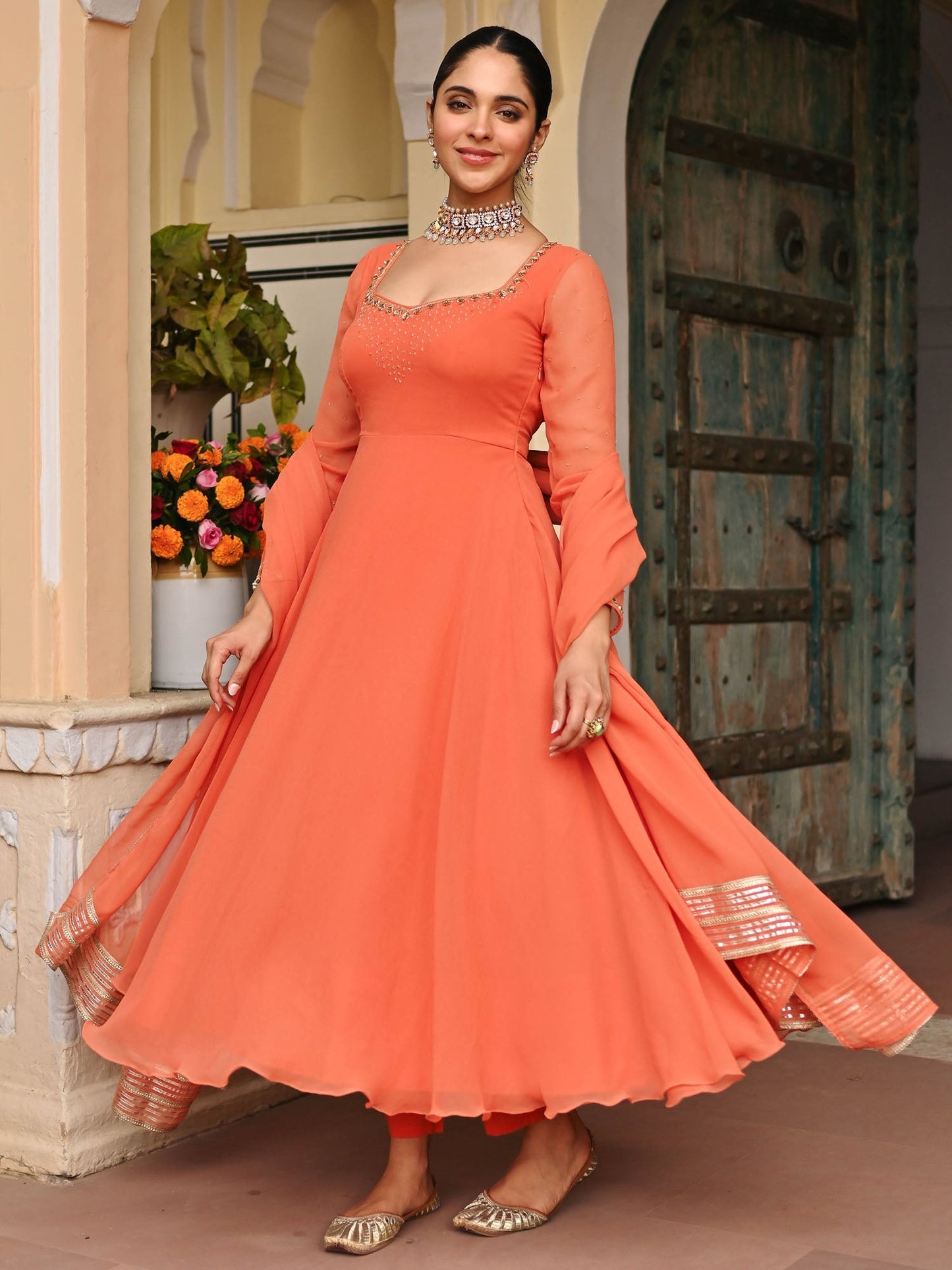 Coral Handwork Georgette Anarkali Set