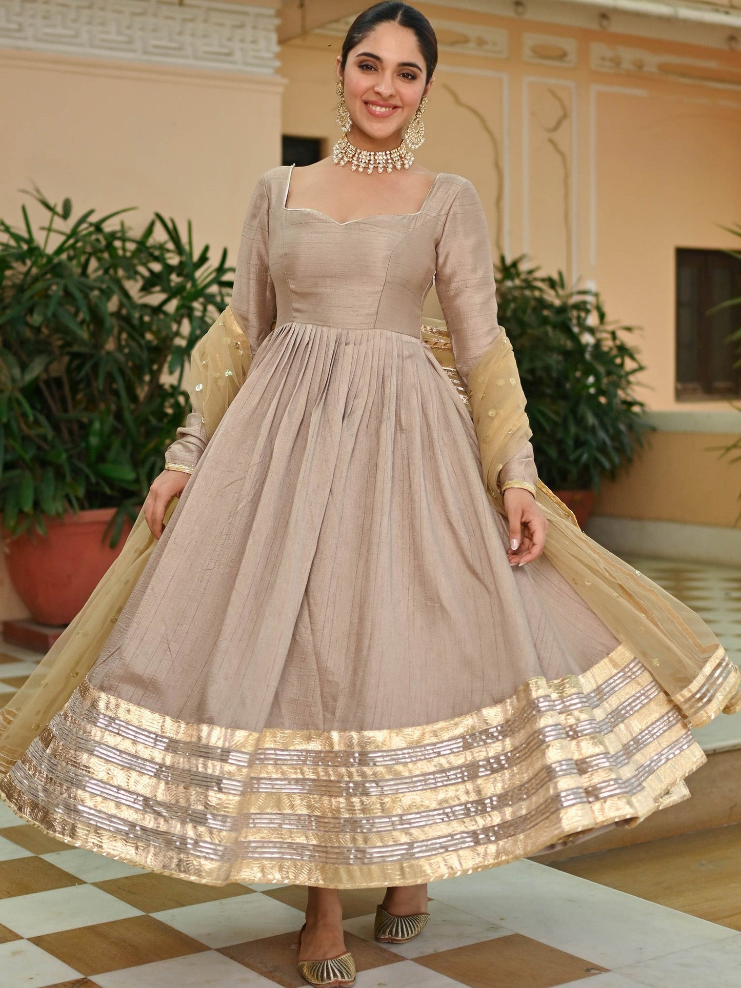 Beige Gold Silk Anarkali set