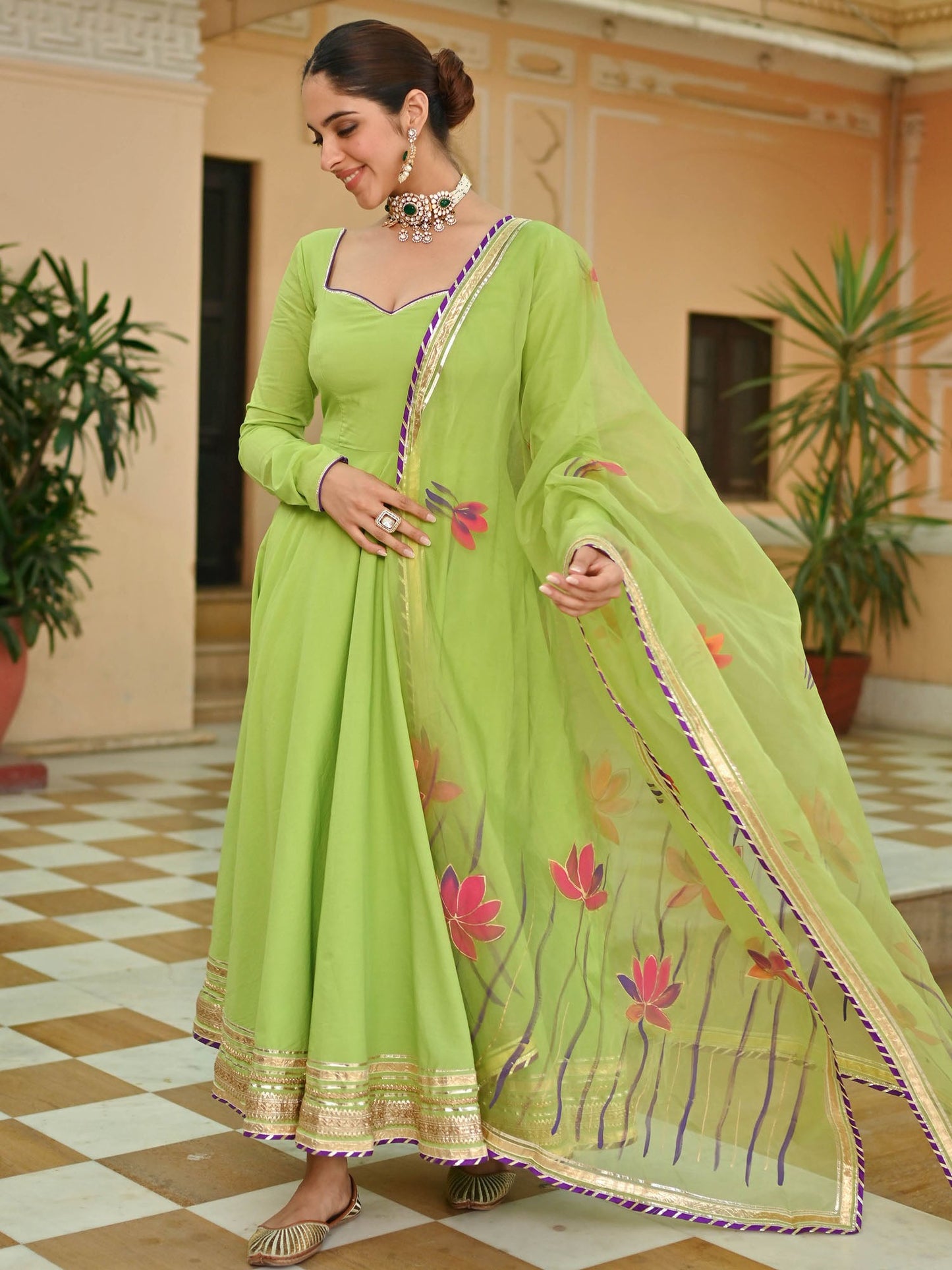 Green Handbrush Anarkali Set