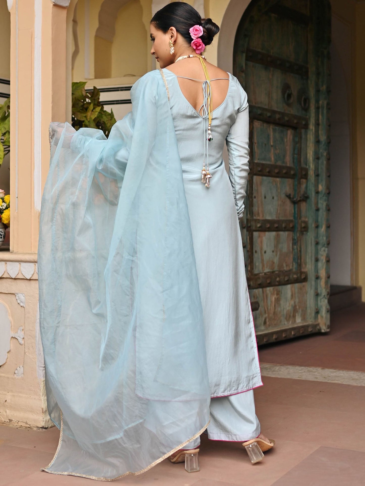 SKY BLUE SILK KURTA AND PALAZZO SET