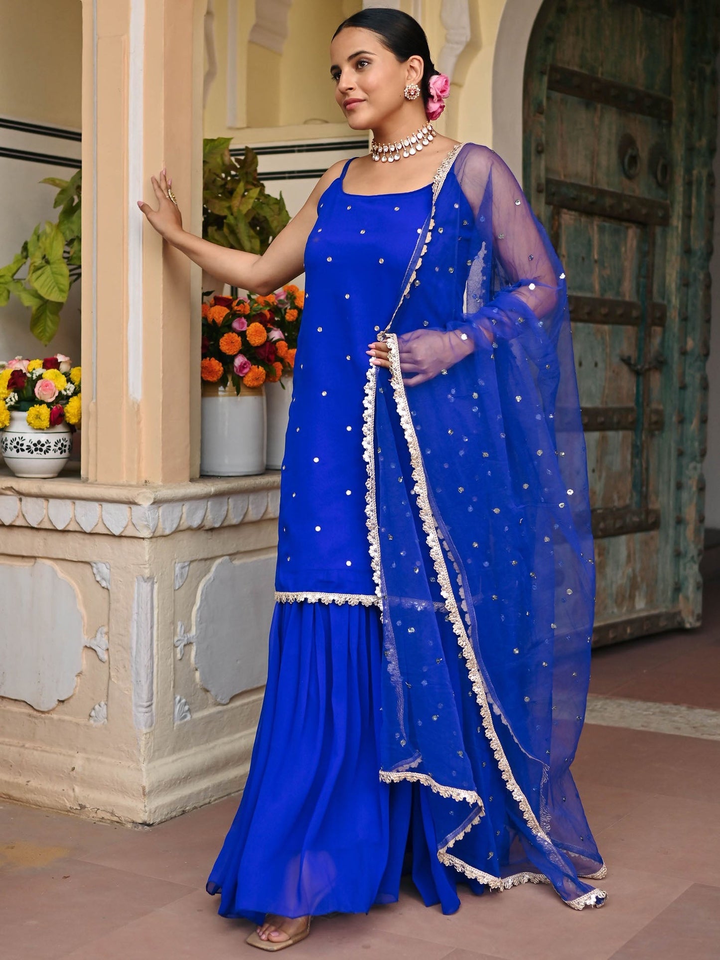DARK BLUE GEORGETTE KURTA AND SHARARA SET