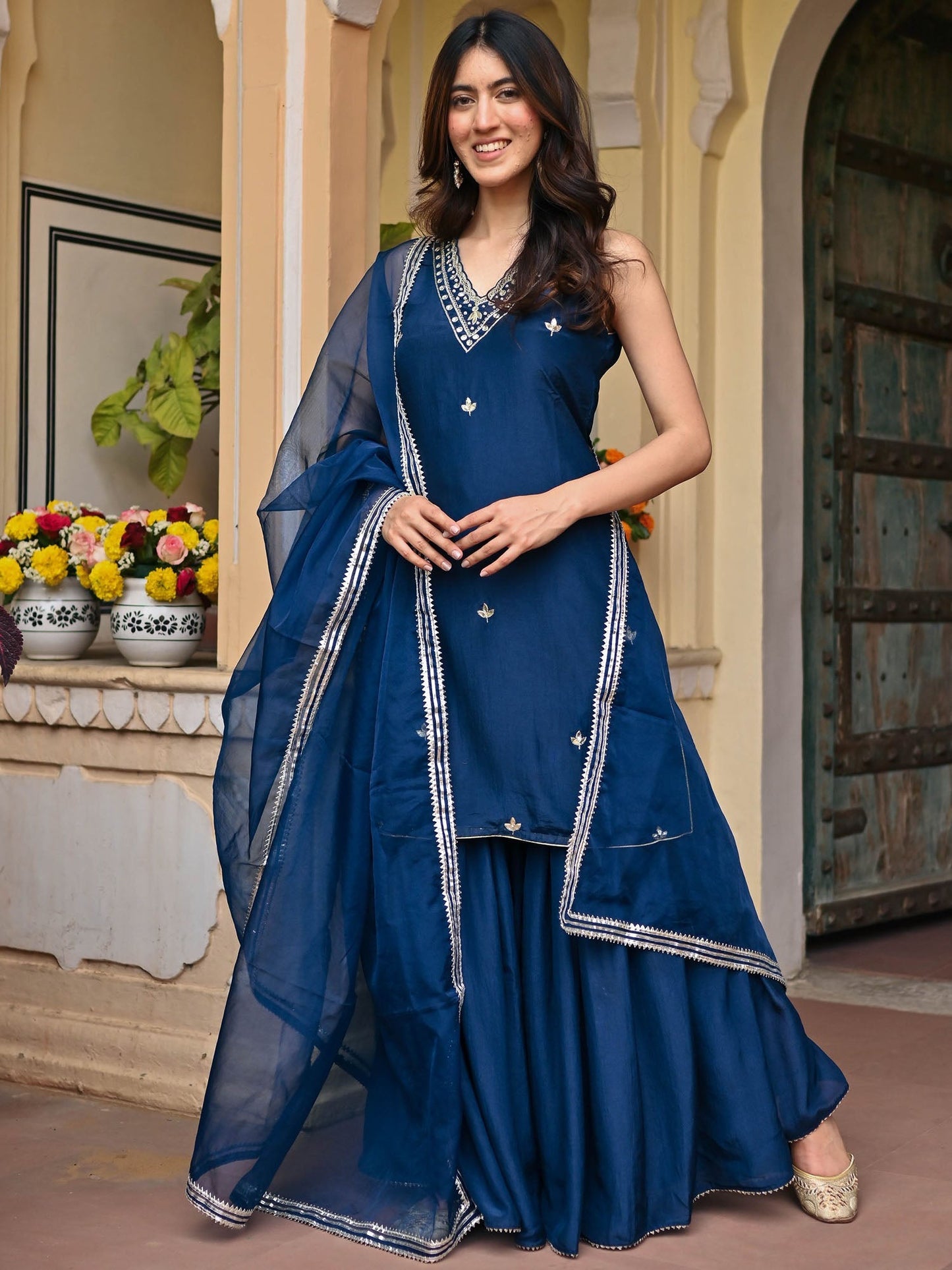 NAVY BLUE SILK KURTA AND SHARARA SET